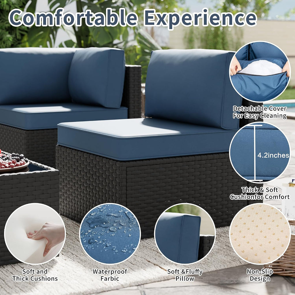 SUNLEI 5pcs Patio Furniture Sets Conversation Set, Low Back All-Weather Rattan Sectional Sofa with Tea Table&Washable Couch Cushions, Outdoor Furniture Set