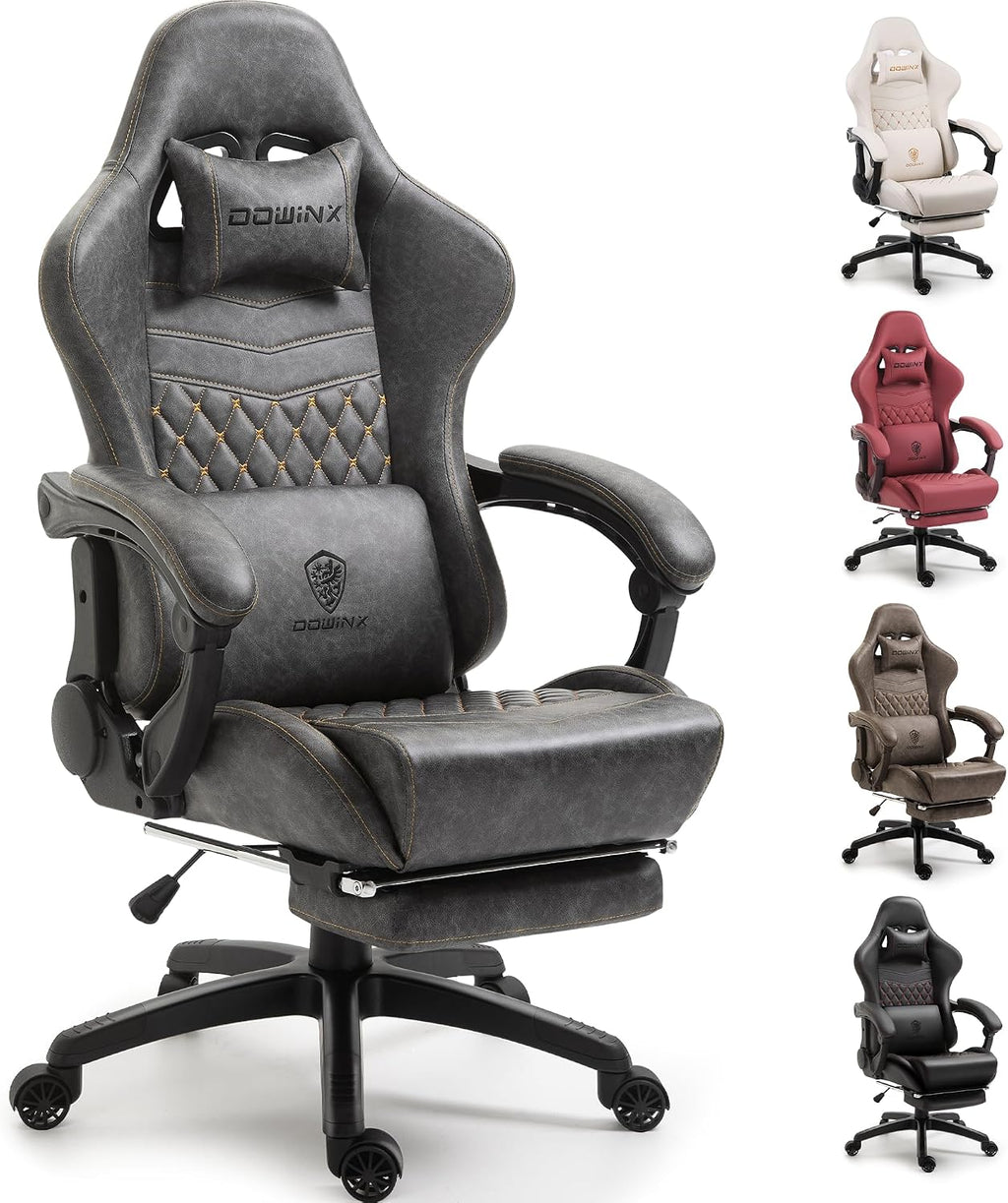 Dowinx Big & Tall Vintage Gaming Chair for Adults, 400 lb Capacity Heavy Duty Ergonomic Computer Chair with Massage Lumbar, Footrest & Easy Side Recline, Grey
