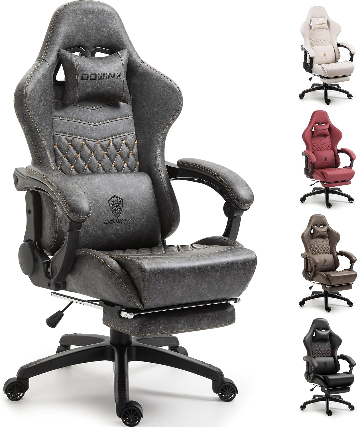 Dowinx Big & Tall Vintage Gaming Chair for Adults, 400 lb Capacity Heavy Duty Ergonomic Computer Chair with Massage Lumbar, Footrest & Easy Side Recline, Grey