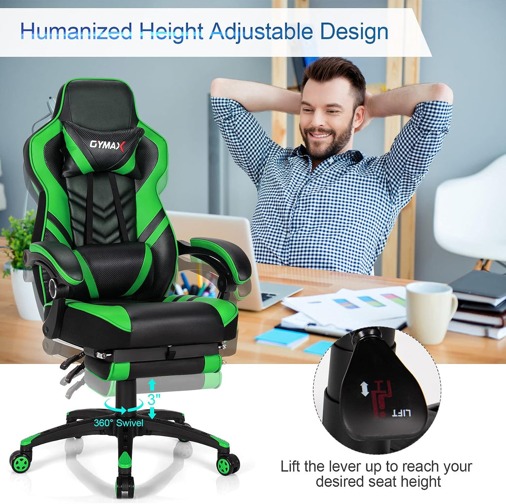 GYMAX Gaming Chair, Ergonomic Computer Chair with Footrest, Linkage Armrests & Lumbar Cushion, Big Wide High Back Video Gaming Chair, Reclining Office Rolling Chair for Adult/Teens (Green)