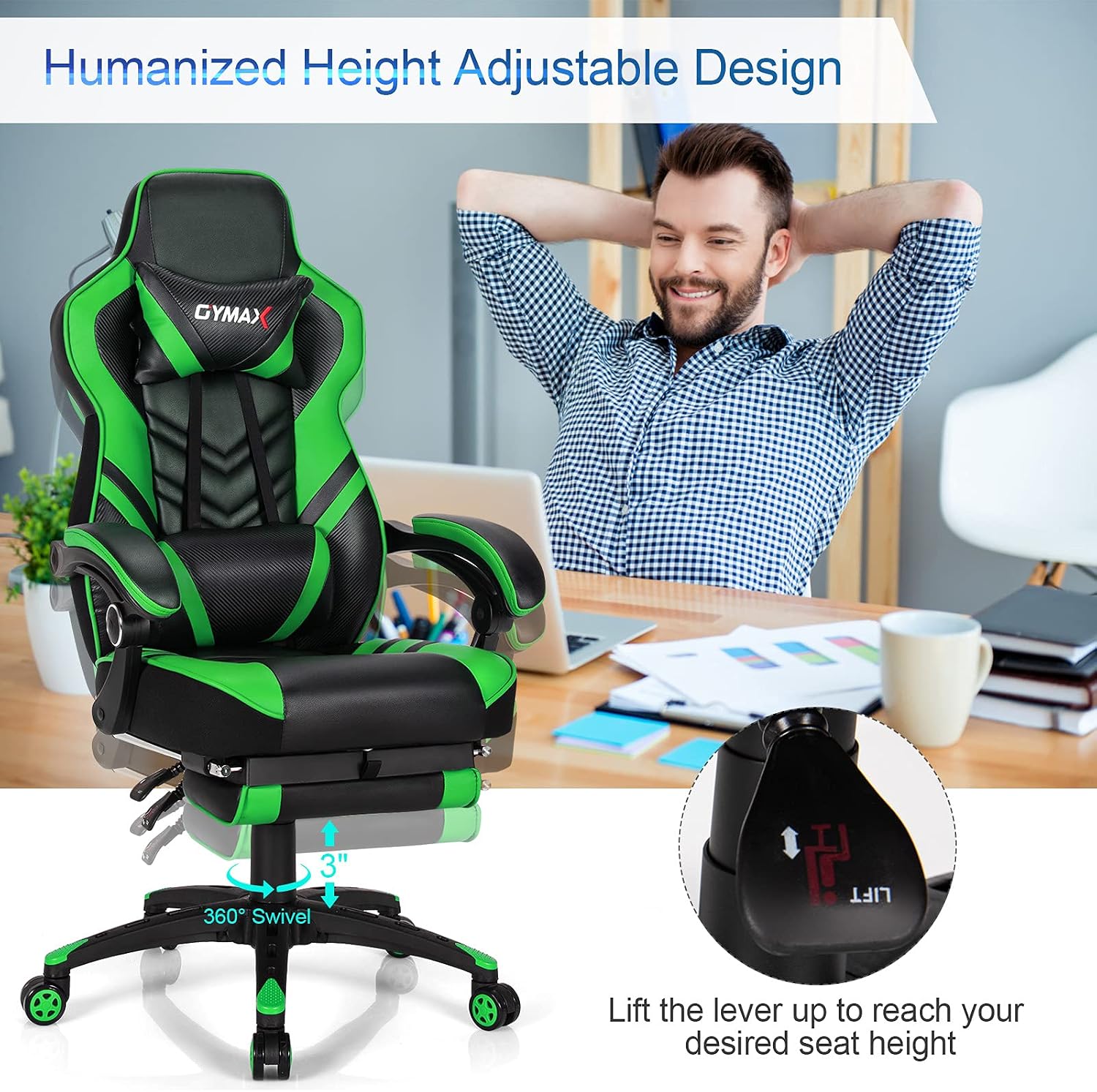 GYMAX Gaming Chair, Ergonomic Computer Chair with Footrest, Linkage Armrests & Lumbar Cushion, Big Wide High Back Video Gaming Chair, Reclining Office Rolling Chair for Adult/Teens (Green)