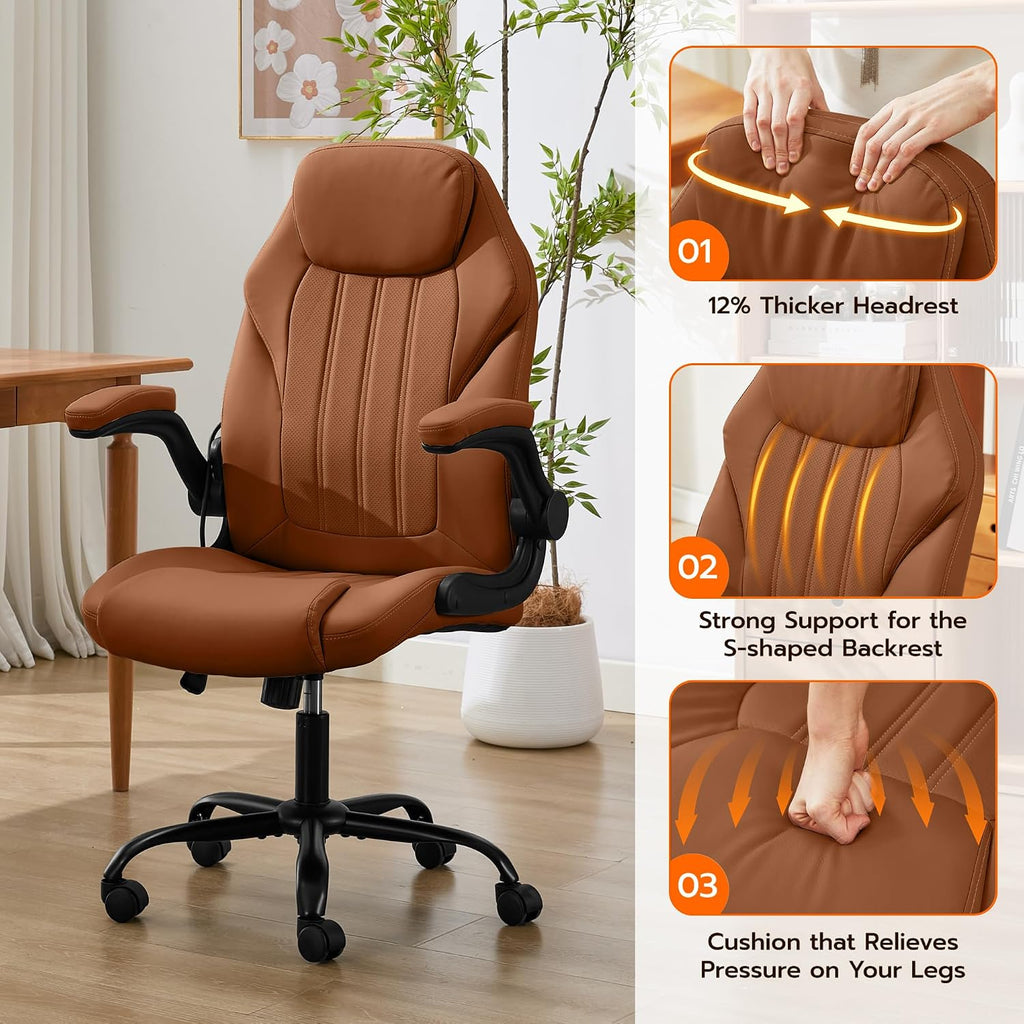 Ylzyxal Office Desk Chair, Ergonomic Computer Chair with Padded Flip-Up Arms and Adjustable Lumbar Support, PU Leather Executive Chair with Tilt Lock and 360° Swivel Rolling Wheels for Work, Study