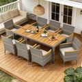 COSTWAY 9-Piece Patio Dining Set for 8, Outdoor Rattan Wicker Table and Chairs Furniture Set with Umbrella Hole, Acacia Wood Tabletop for Backyard, Balcony, Poolside, Grey & White