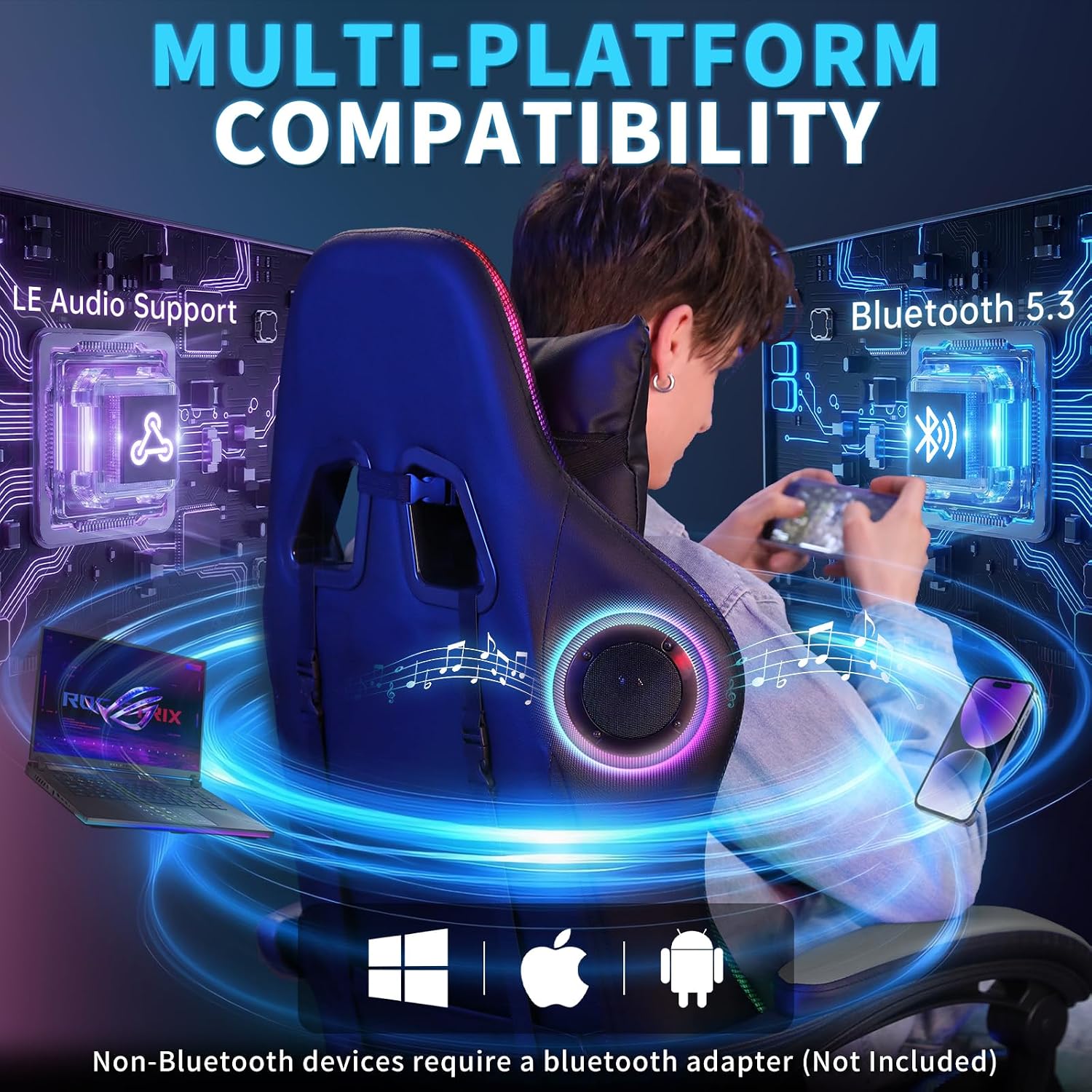 Gaming Chair with Bluetooth Speakers and RGB LED Lights Ergonomic Massage Computer Gaming Chair with Footrest Video Game Chair High Back with Lumbar Support Grey and Black