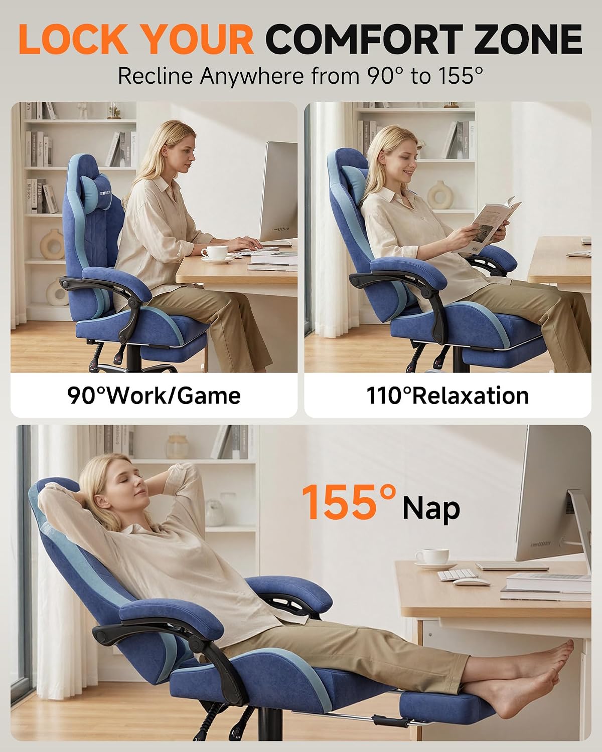 GTPLAYER Gaming Chair with Footrest, Computer Gaming Chair for Adults and Kids, Height Adjustable Gamer Chair with 90-155° Recline & Removable Headrest Lumbar Support,Performance Fabric Blue