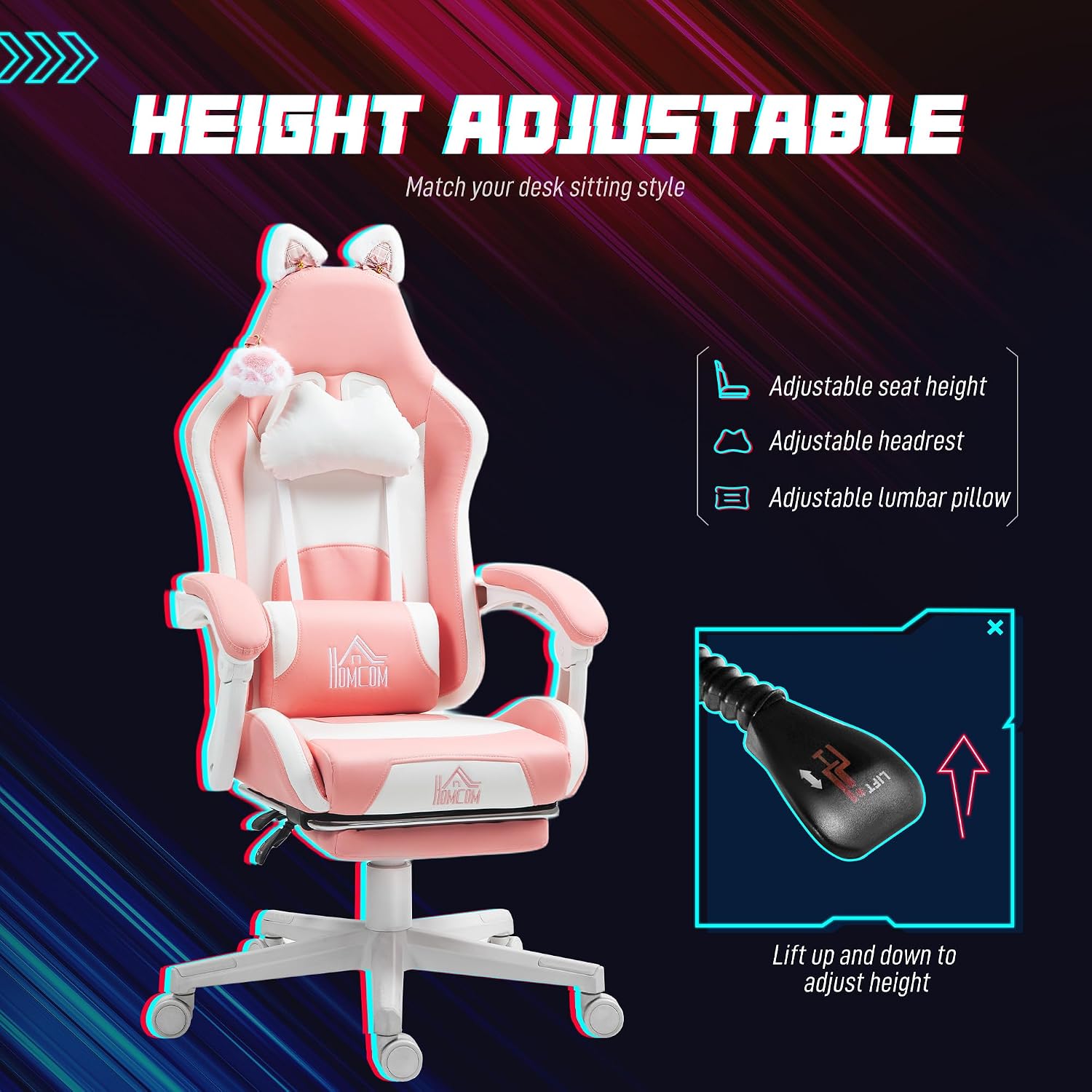 HOMCOM Racing Gaming Chair with Cat Ears, Reclining Faux Leather Computer Chair with Footrest, Lumbar Support and Headrest, Height Adjustable Gamer Chair with Swivel Seat and Wheels, Pink