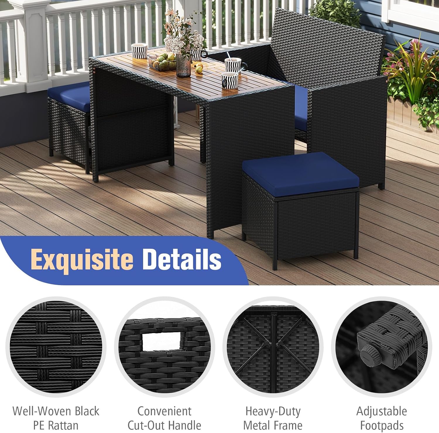 HAPPYGRILL 4 Pieces Outdoor Rattan Wicker Dining Set, Loveseat Chair & 2 Ottomans w/Wood Topped Dining Table, Space-Saving Patio Furniture Set w/Cushioned Seating for Backyard, Poolside, Garden