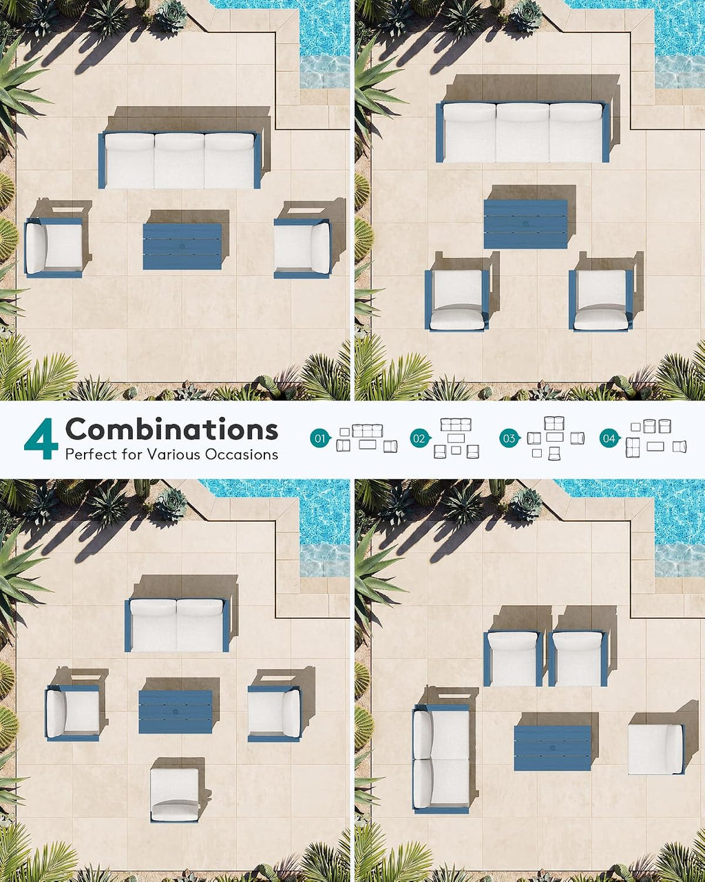 SERWALL HDPE Patio Conversation Set, 6-piece Sectional Outdoor Furniture Set, All Weather Outdoor Couch Set Patio Furniture Set for Deck, Lawn, Blue Frame with Beige Cushion