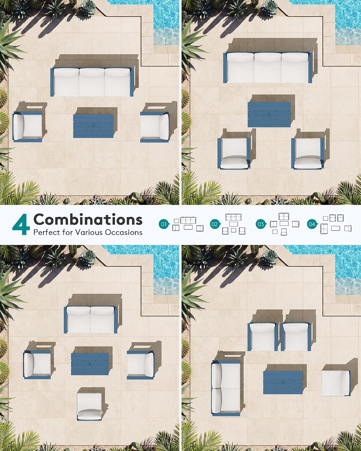 SERWALL HDPE Patio Conversation Set, 6-piece Sectional Outdoor Furniture Set, All Weather Outdoor Couch Set Patio Furniture Set for Deck, Lawn, Blue Frame with Beige Cushion