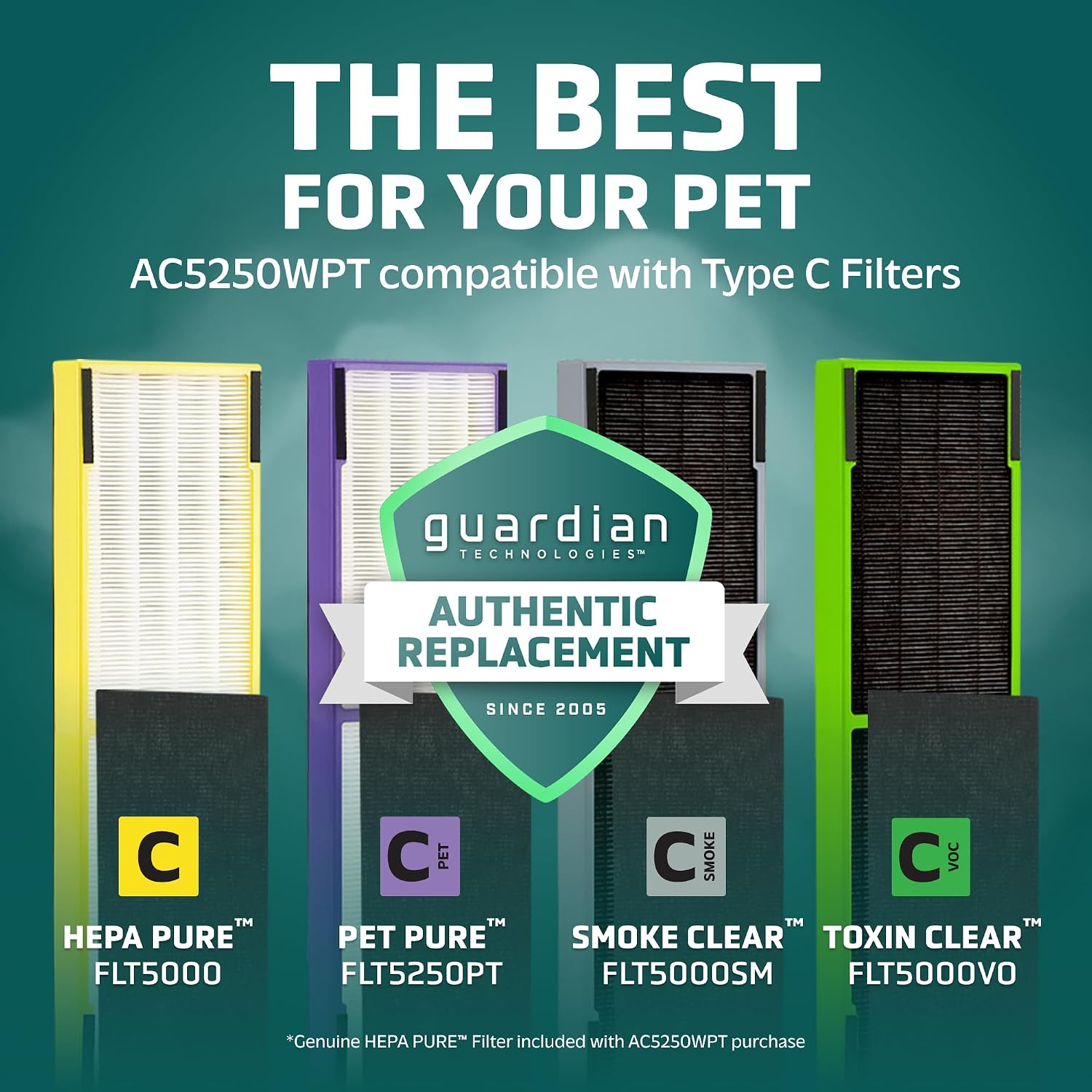 GermGuardian Air Purifier with Genuine HEPA 13 Pet Pure Filter, Removes 99.97% of Pollutants, Covers Large Rooms up to 915 Sq. ft. in 1 Hour, UV-C Light Helps Reduce Germs, 28', White, AC5250WPT