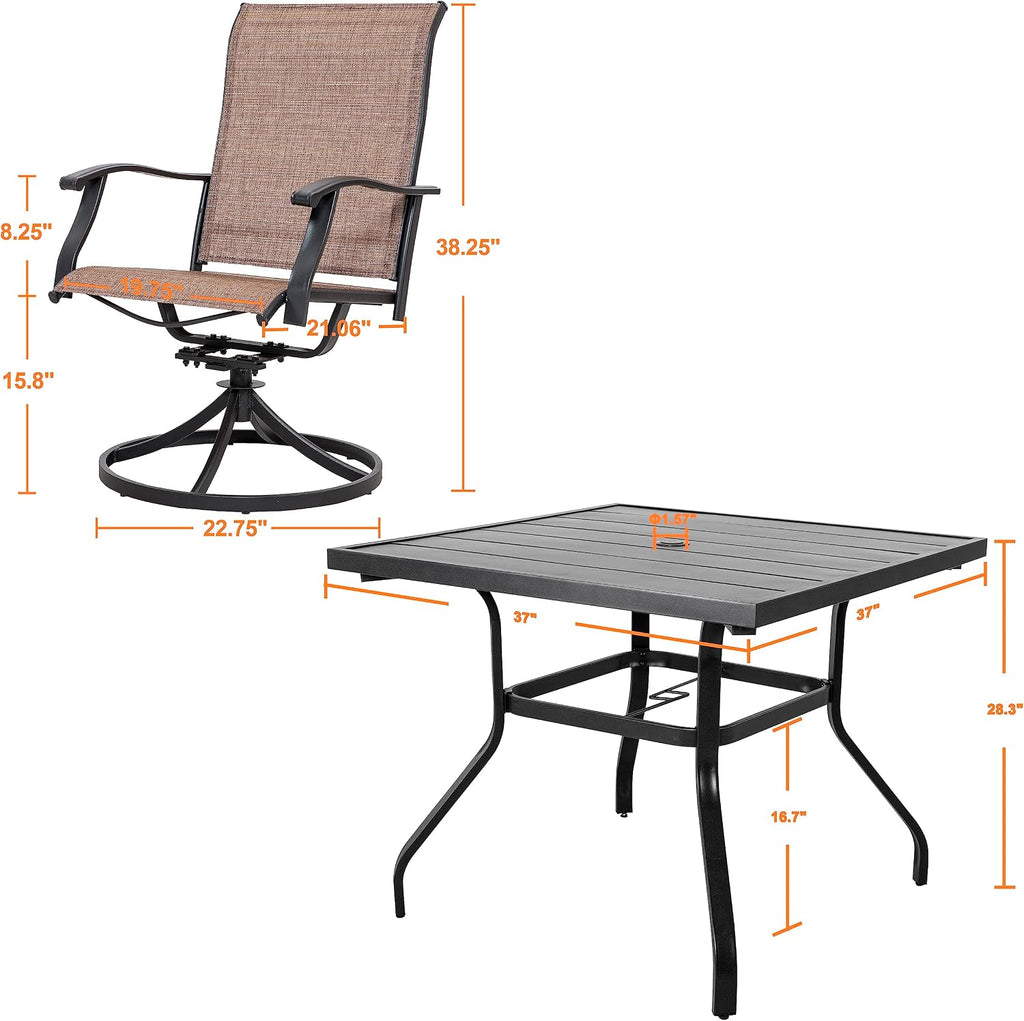 NUU GARDEN Outdoor Patio Dining Set, 4 Swivel Textilene Dining Chairs and 37' Square Dining Table with 1.57'' Umbrella Hole, Powder Coated Iron Frame, for Patio, Garden, Backyard, Black and Brown
