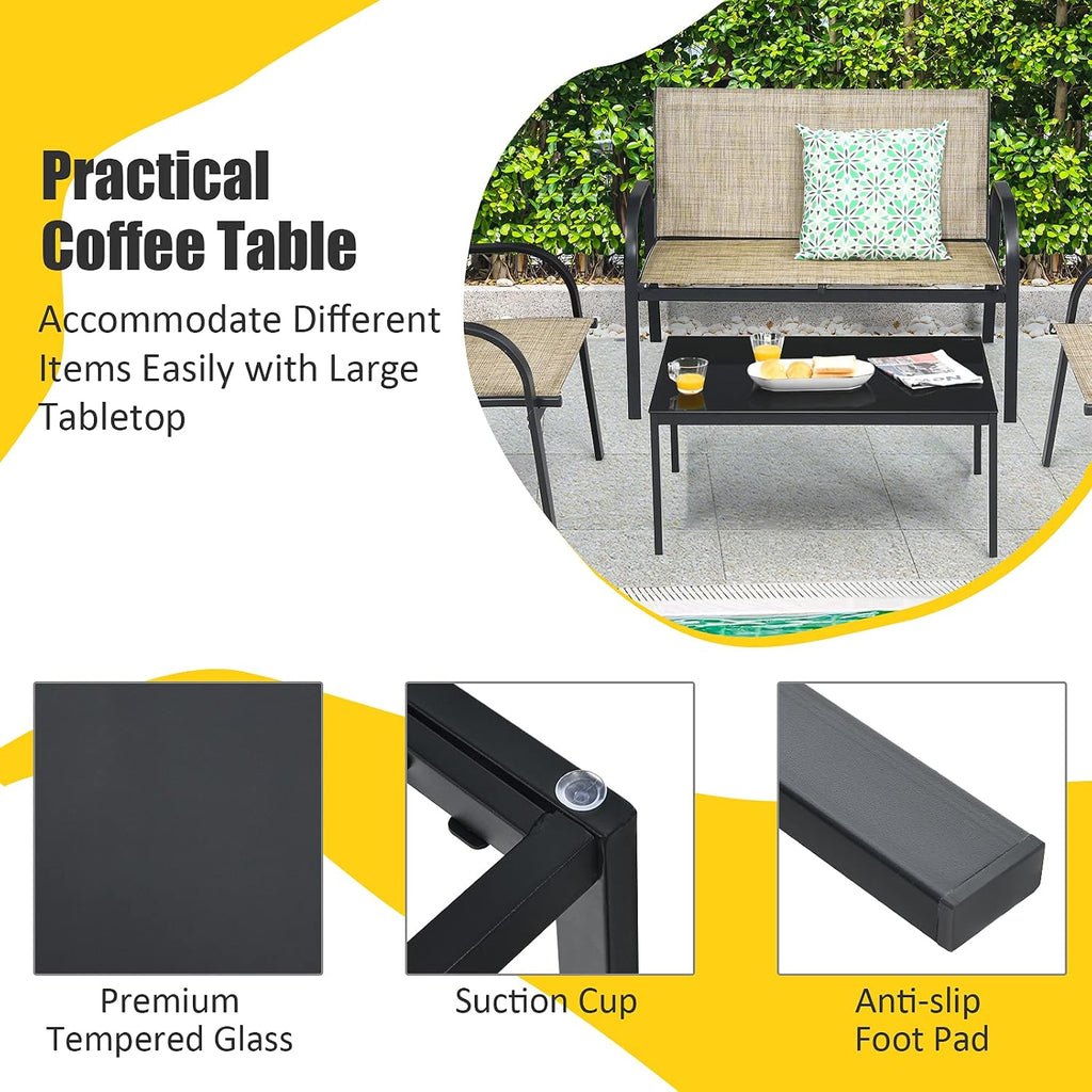 Tangkula 4 Pieces Patio Furniture Set, Metal Frame Heavy Duty Outdoor Conversation Set, Includes Glass Top Coffee Table, 2 Armrest Chairs and Loveseat, Suitable for Lawn Garden Porch Balcony (Brown)