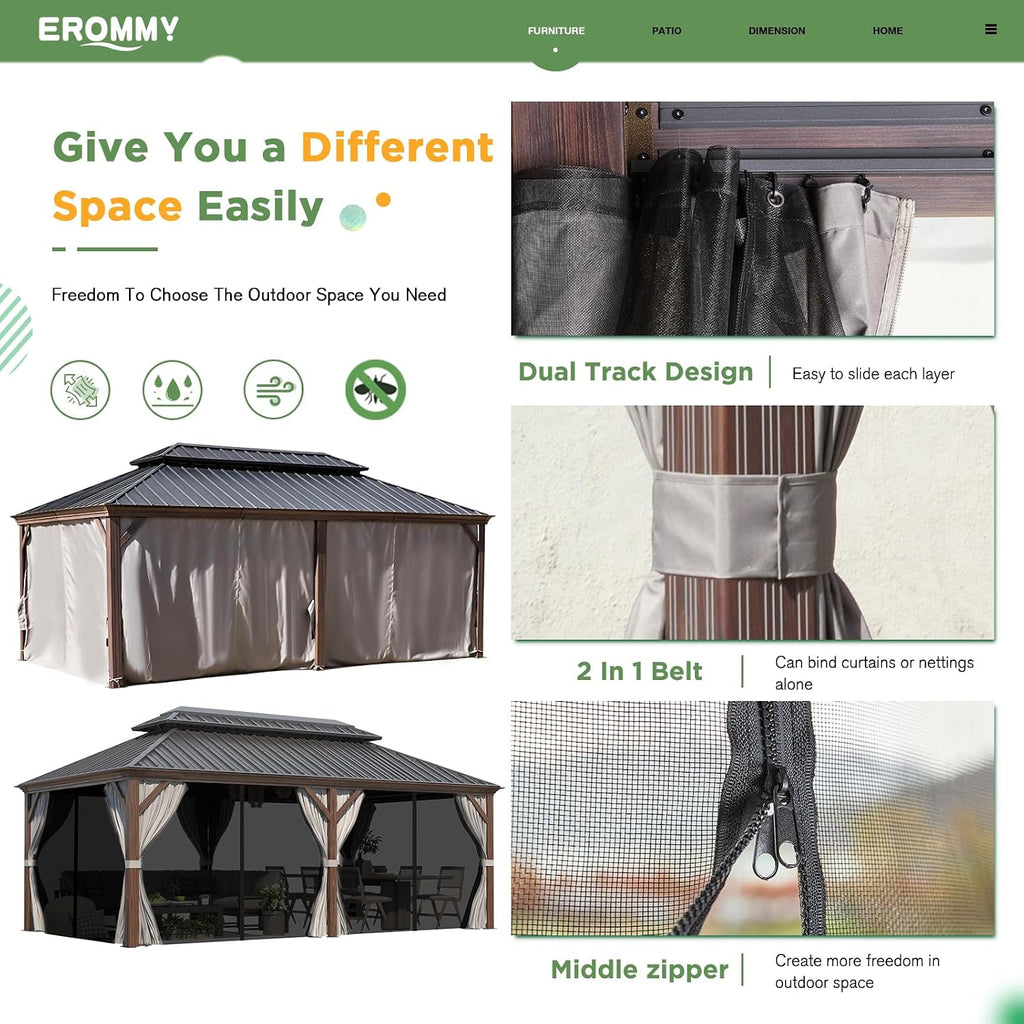 EROMMY 12'x20' Hardtop Gazebo, Galvanized Steel Double Roof with Wood Grain Aluminum Frame, Outdoor Permanent Metal Pavilion with Curtains and Nettings for Patio, Garden and Backyard