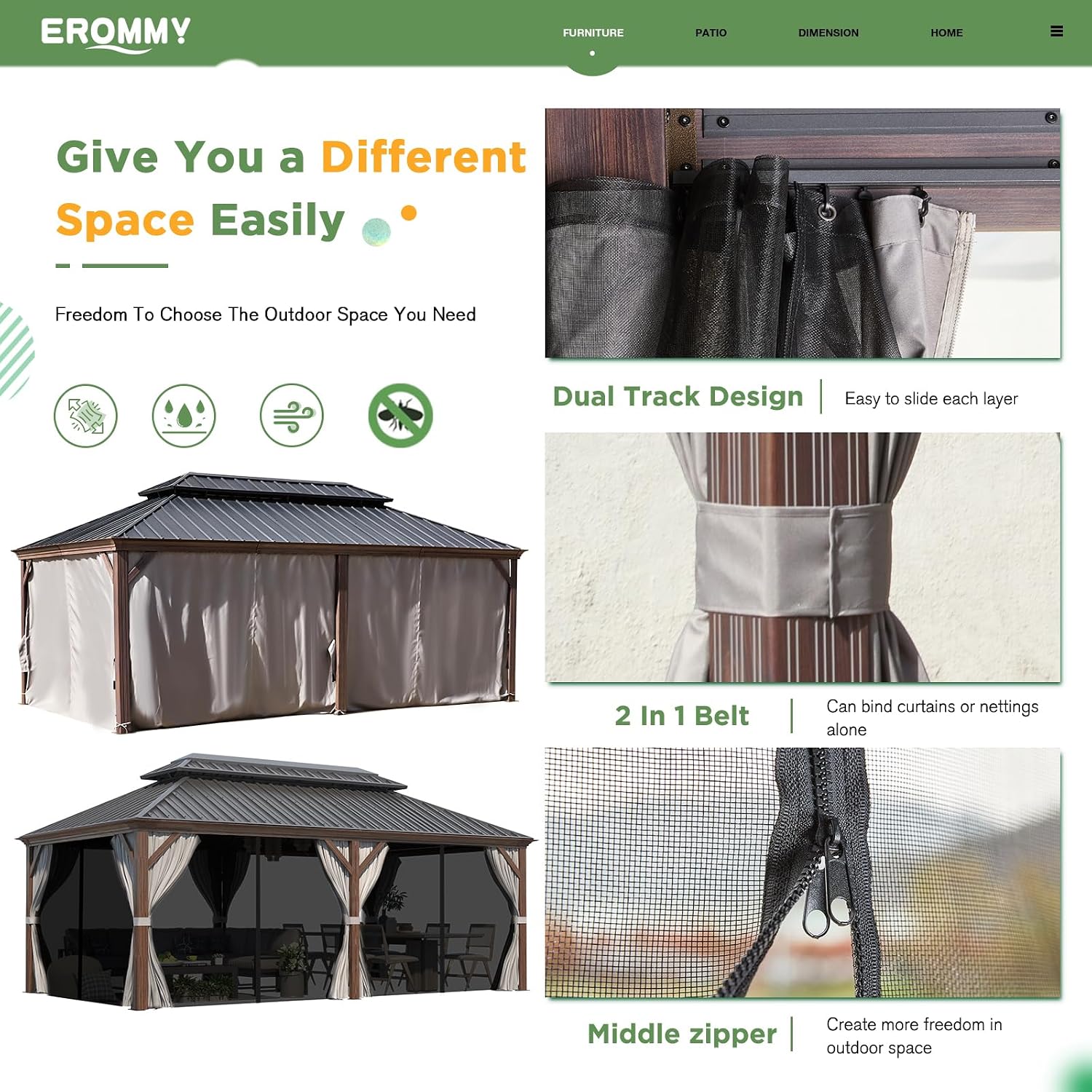 EROMMY 12'x20' Hardtop Gazebo, Galvanized Steel Double Roof with Wood Grain Aluminum Frame, Outdoor Permanent Metal Pavilion with Curtains and Nettings for Patio, Garden and Backyard