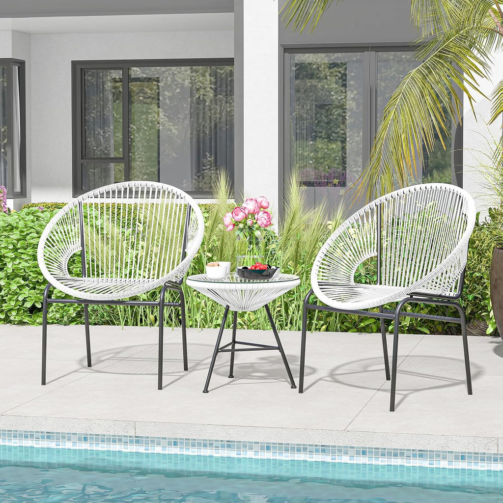 Tangkula 3 Piece Outdoor Patio Furniture Set, Acapulco Chair Set w/Plastic Rope, Tempered Glass Table, All Weather Patio Bistro Set for Patio, Lawn, Garden, Backyard