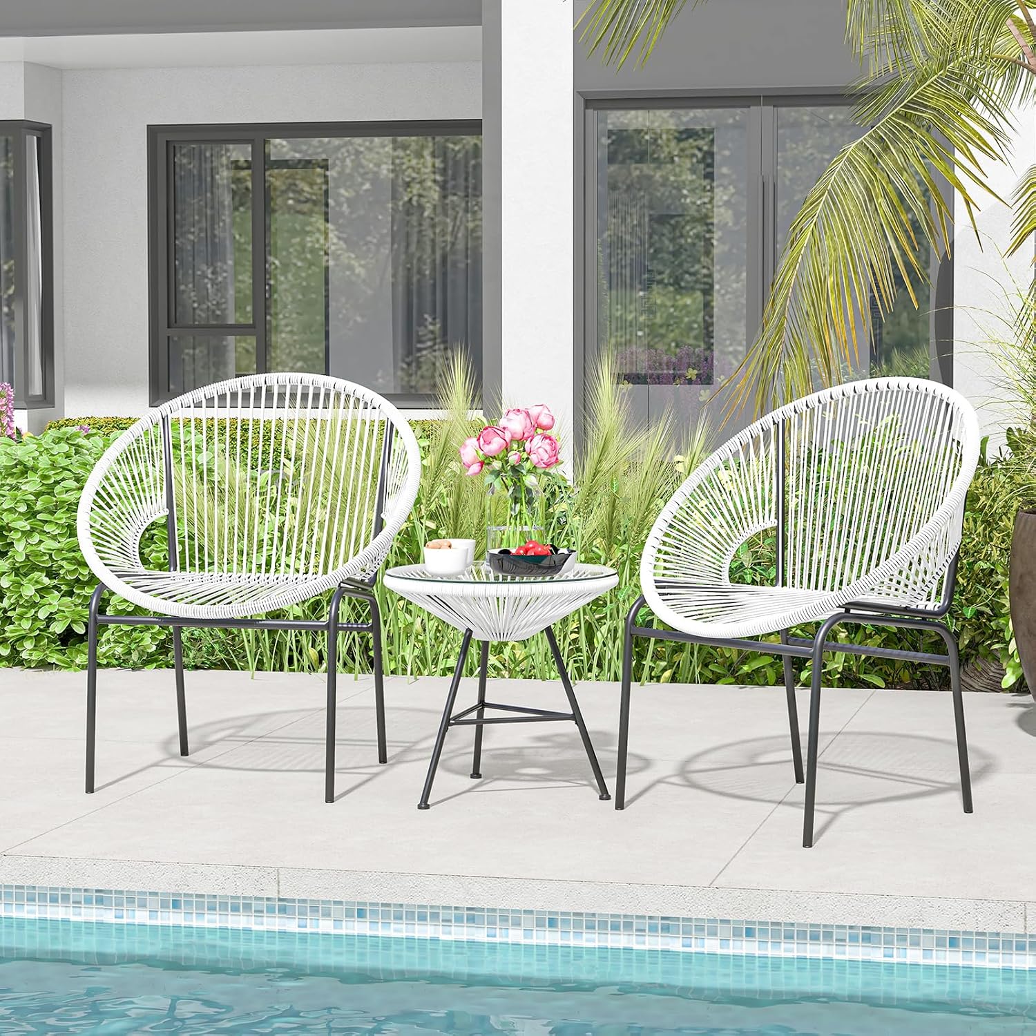 Tangkula 3 Piece Outdoor Patio Furniture Set, Acapulco Chair Set w/Plastic Rope, Tempered Glass Table, All Weather Patio Bistro Set for Patio, Lawn, Garden, Backyard