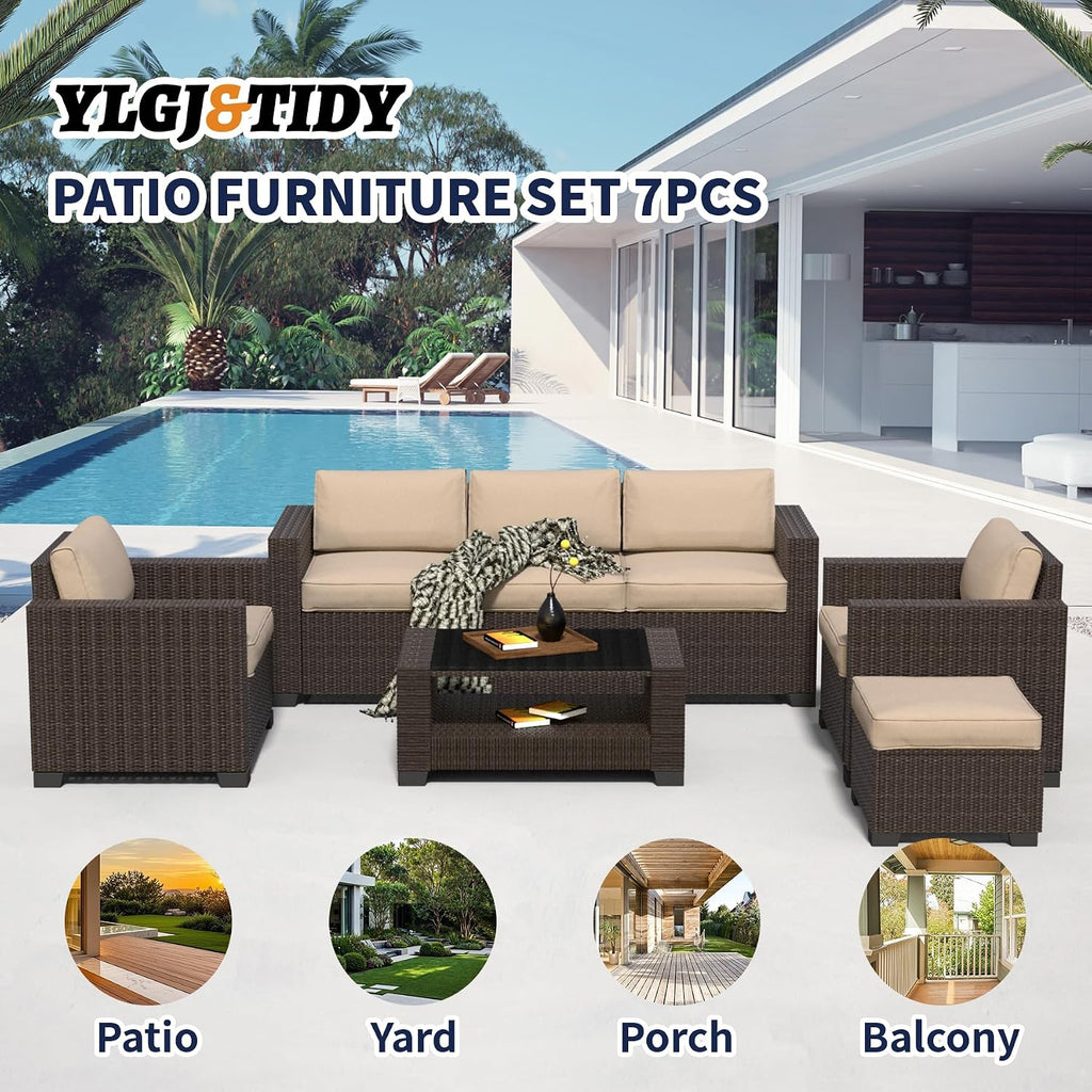 YLGJ&TIDY 7 PCS Outdoor Wicker Furniture Set Sectional Rattan Sofa Couch with Thick Cushions Glass Top Coffee Table Patio Conversation Set for Garden Backyard (Dark Brown Rattan & Khaki)