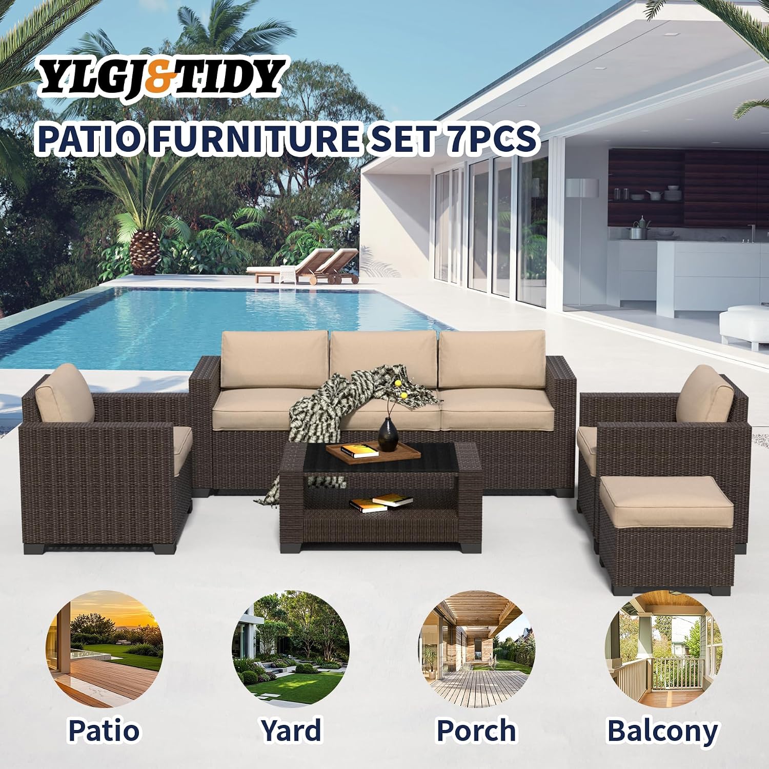 YLGJ&TIDY 7 PCS Outdoor Wicker Furniture Set Sectional Rattan Sofa Couch with Thick Cushions Glass Top Coffee Table Patio Conversation Set for Garden Backyard (Dark Brown Rattan & Khaki)