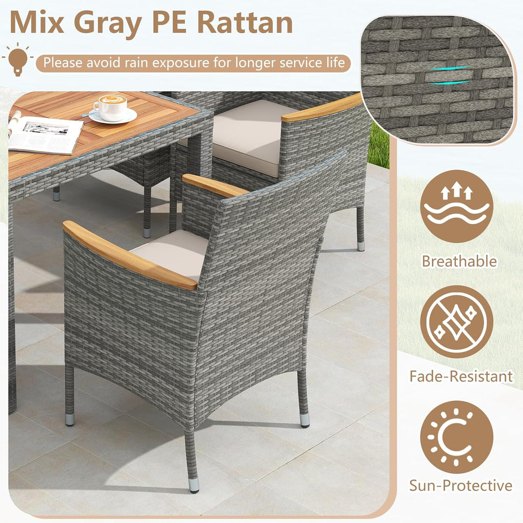 COSTWAY 9-Piece Patio Dining Set for 8, Outdoor Rattan Wicker Table and Chairs Furniture Set with Umbrella Hole, Acacia Wood Tabletop for Backyard, Balcony, Poolside, Grey & White