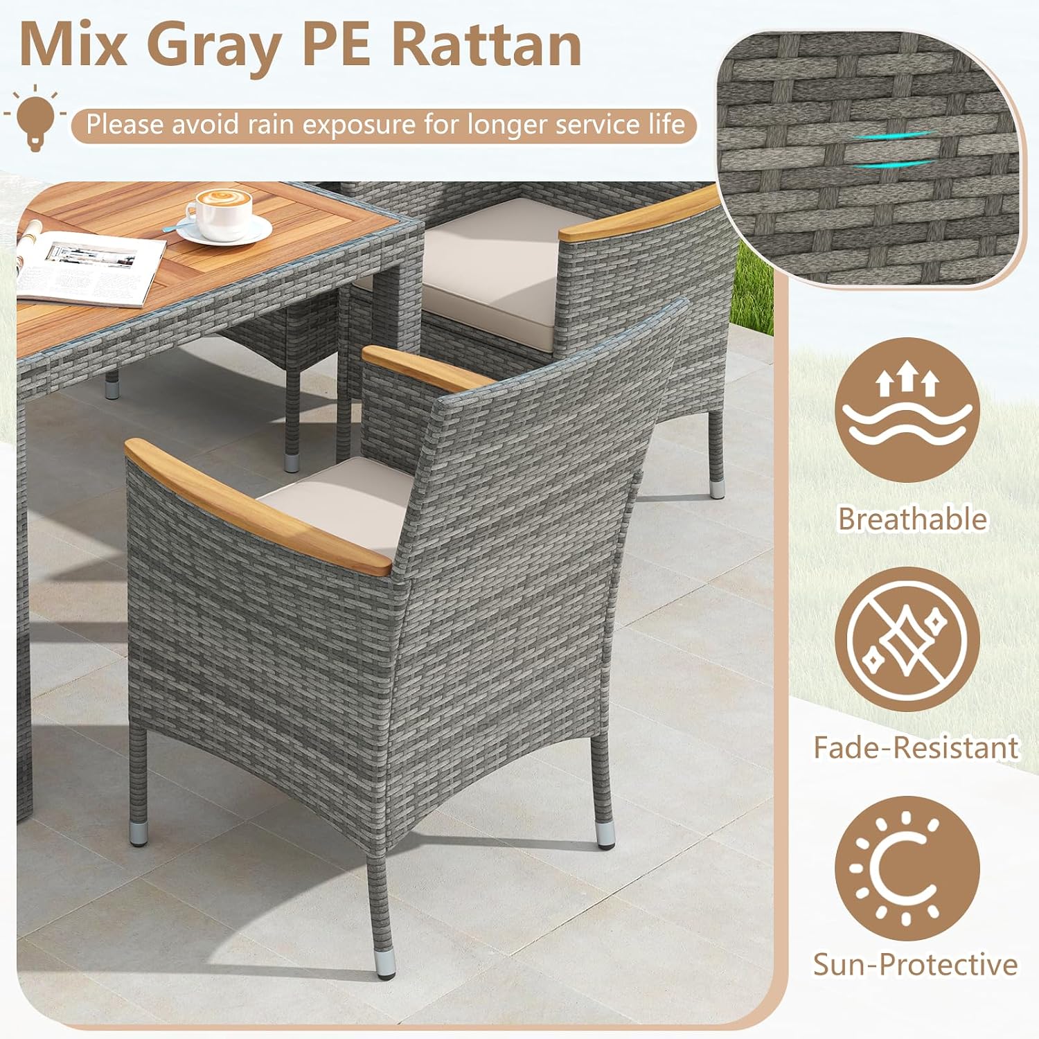 COSTWAY 9-Piece Patio Dining Set for 8, Outdoor Rattan Wicker Table and Chairs Furniture Set with Umbrella Hole, Acacia Wood Tabletop for Backyard, Balcony, Poolside, Grey & White