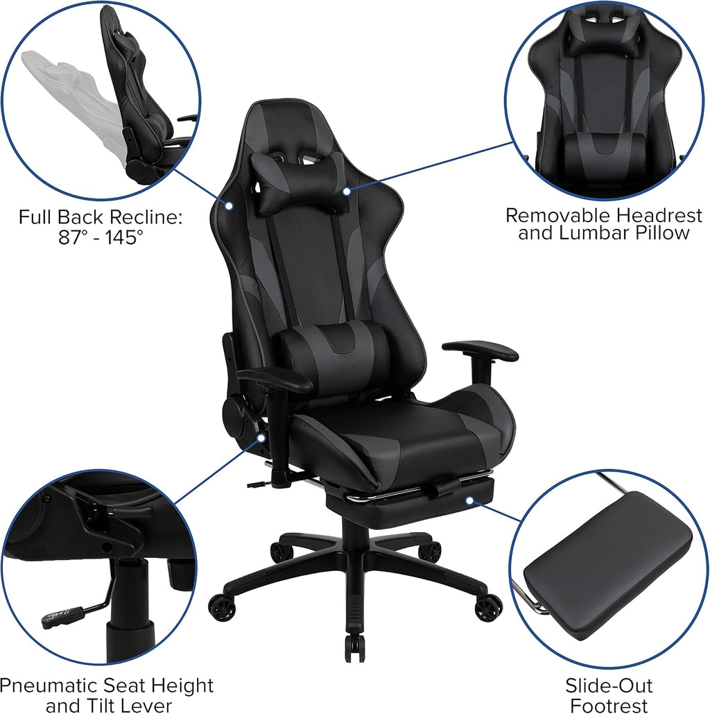Flash Furniture Red Gaming Desk with Cup Holder/Headphone Hook & Gray Reclining Gaming Chair with Footrest