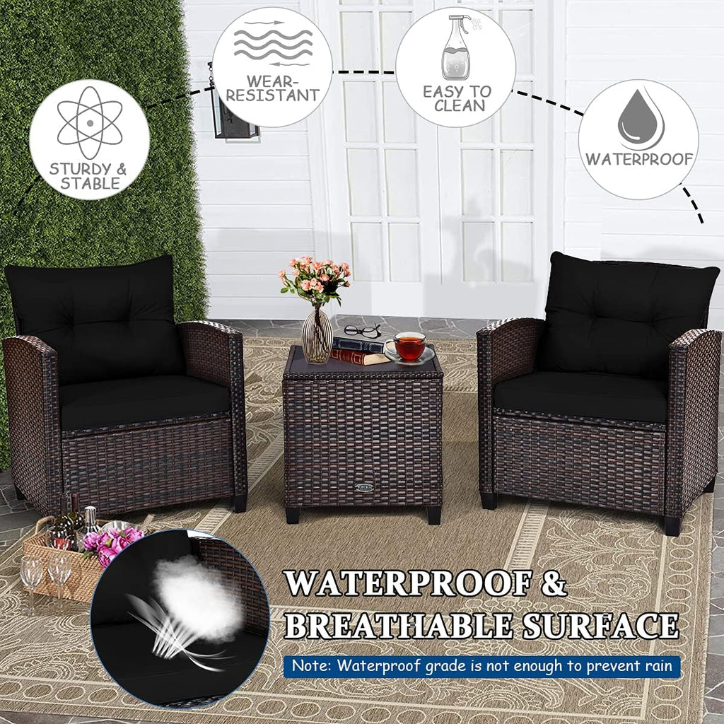 COSTWAY 3PCS Patio Furniture Set, PE Rattan Wicker Sofa w/Washable Cushion and Coffee Table, Tempered Glass Tabletop, Outdoor Conversation Set for Balcony, Porch, Yard, Backyard, Lawn, Black