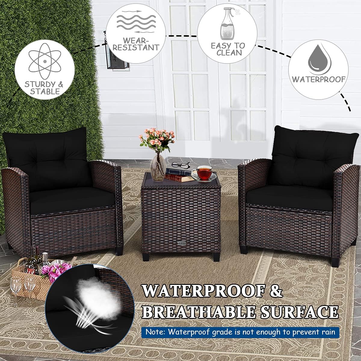 COSTWAY 3PCS Patio Furniture Set, PE Rattan Wicker Sofa w/Washable Cushion and Coffee Table, Tempered Glass Tabletop, Outdoor Conversation Set for Balcony, Porch, Yard, Backyard, Lawn, Black