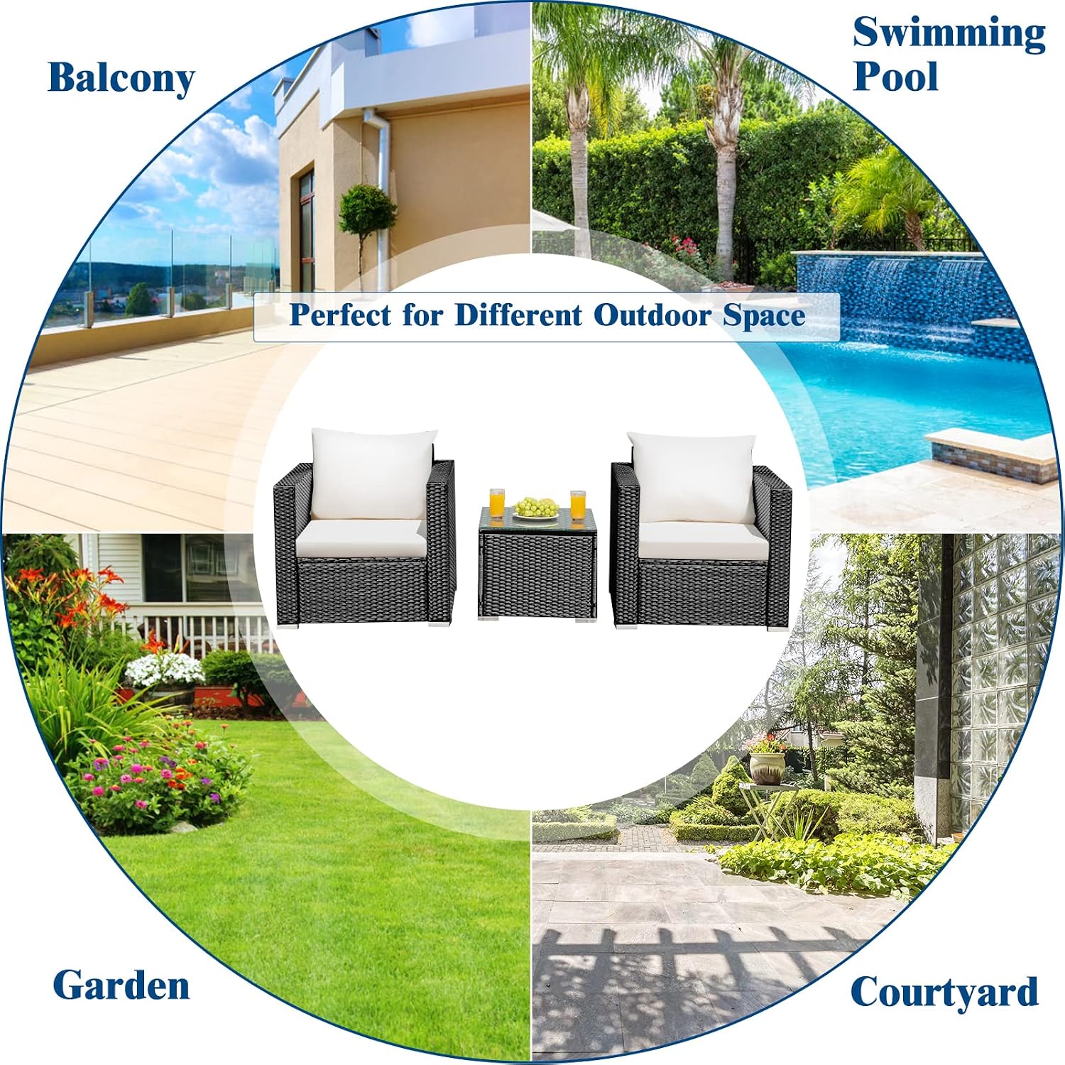 COSTWAY 3-Piece Outdoor Patio Furniture Set, Cushioned Armchairs and Tempered Glass Coffee Table, Wicker Rattan Sofa Set for Garden, Balcony, Backyard (White)