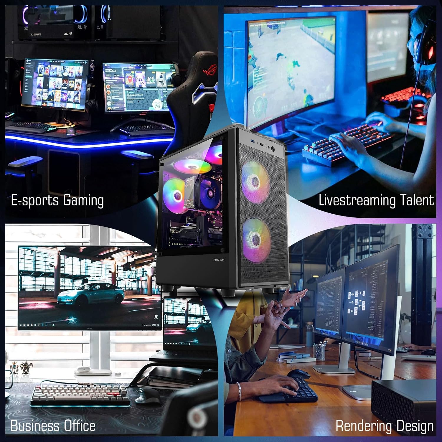 Gaming PC Computer Desktop, Ryzen 5 6-core up to 4.2GHz, Radeon RX 590 8G, 16G DDR4, 512GB SSD, WiFi 6, RGB Fan x5, Tower Computers Windows 11 Home