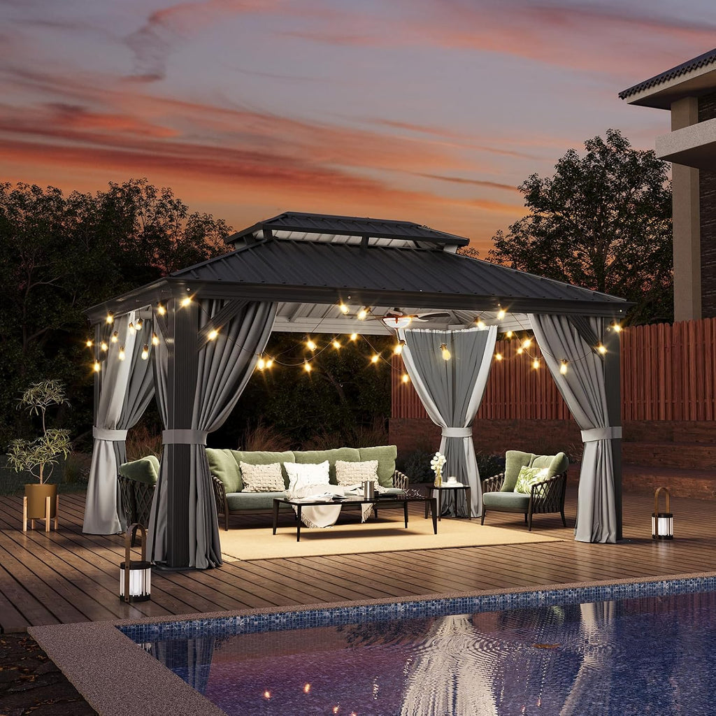 Aoxun 10' X 14' Hardtop Gazebo with Drainage System, Aluminum Outdoor Gazebo with Galvanized Steel Double Roof, Patio Permanent Metal Pavilion with Netting, for Garden, Deck, Pool, Grey