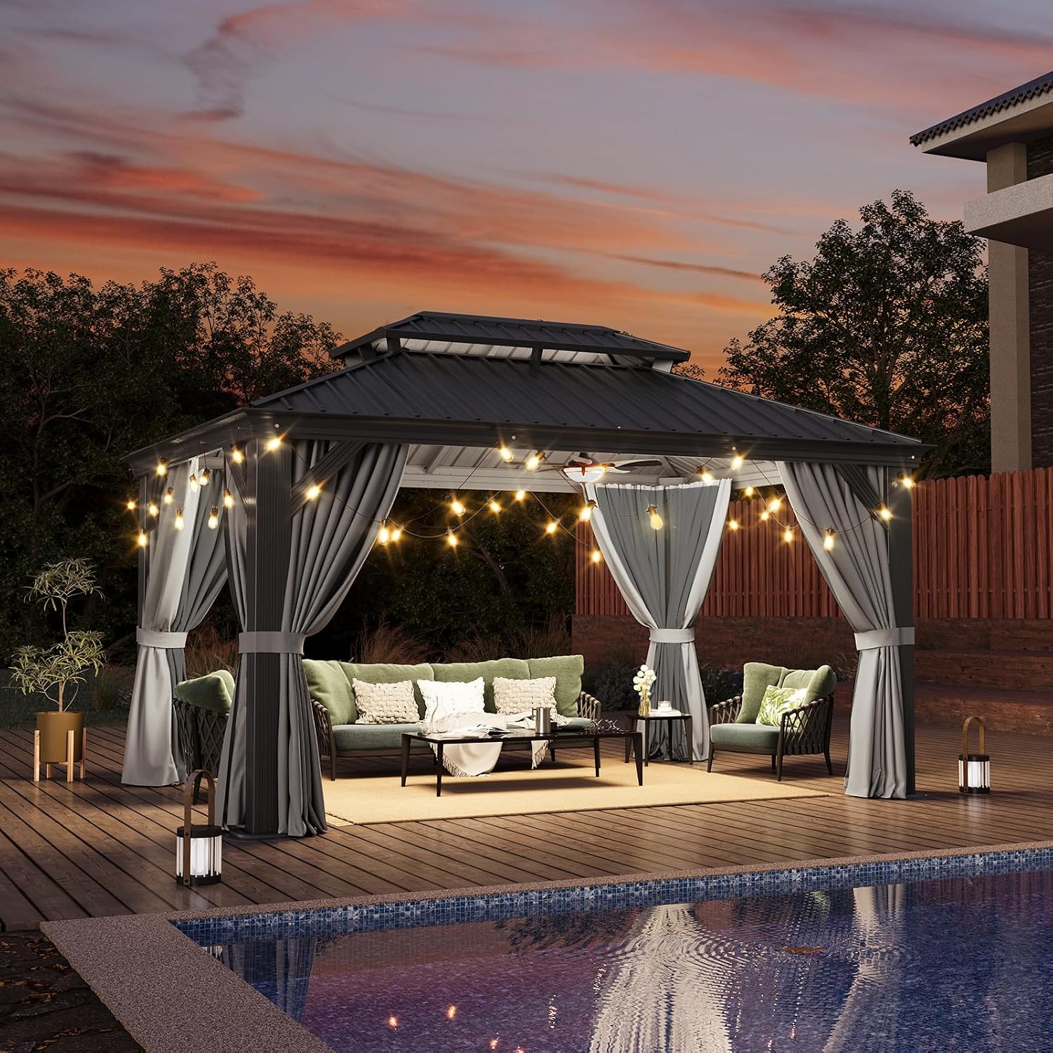 Aoxun 10' X 14' Hardtop Gazebo with Drainage System, Aluminum Outdoor Gazebo with Galvanized Steel Double Roof, Patio Permanent Metal Pavilion with Netting, for Garden, Deck, Pool, Grey