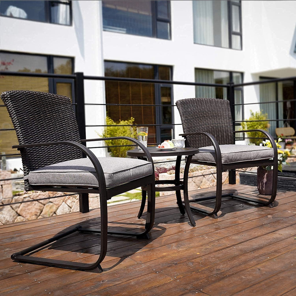 Grand patio 3-Piece Bistro Set, Outdoor Wicker Table Set, Rocking Wicker Chairs with Removable Cushions and Small Coffee Table, Patio Furniture Sets for Balcony, Porch, Grey