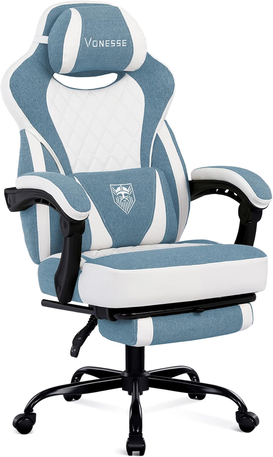Vonesse Gaming Chair, Reclining Fabric Gaming Chairs for Adults 250LBS, Office Chair with Pocket Spring Cushion, Computer Chair with Footrest and Massage Lumbar Support (Blue)