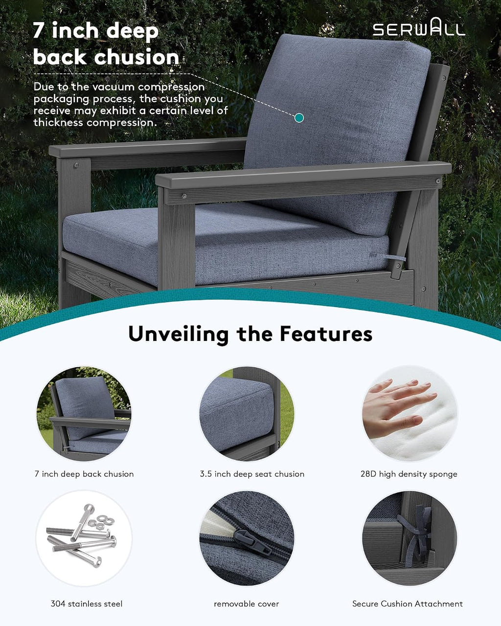 SERWALL HDPE Patio Sofa Set, 3-piece Sectional Outdoor Furniture Set, All Weather Outdoor Couch Set Patio Furniture Set for Deck, Lawn, Grey Frame with Grey Cushion