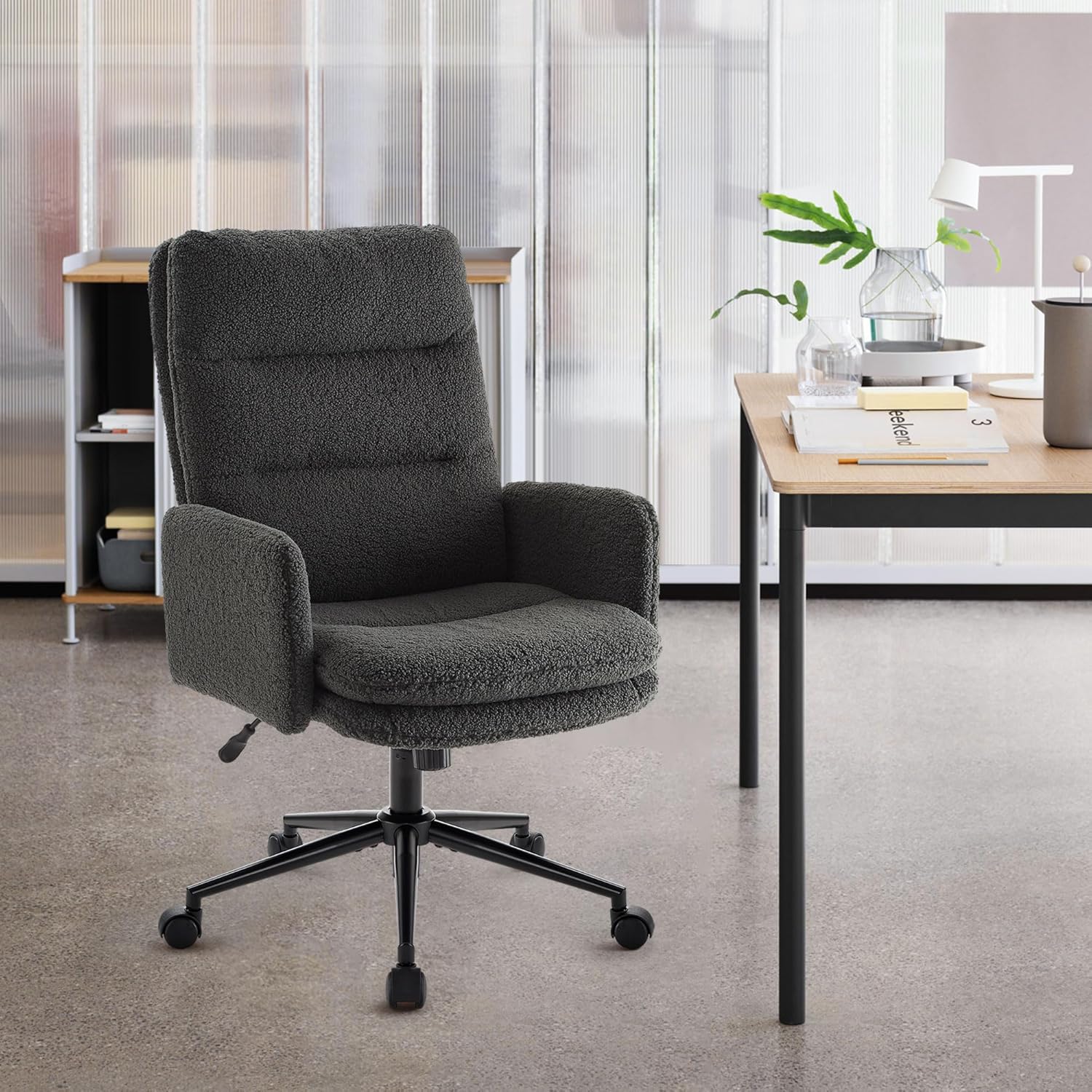IWMH Swivel Office Desk Chair, High-Back Armchair with Wheels, Height Adjustable Home Office Chair with Armrests,Upholstered Computer Task Chair, Leisure Armchair Cashmere (Dark Grey)