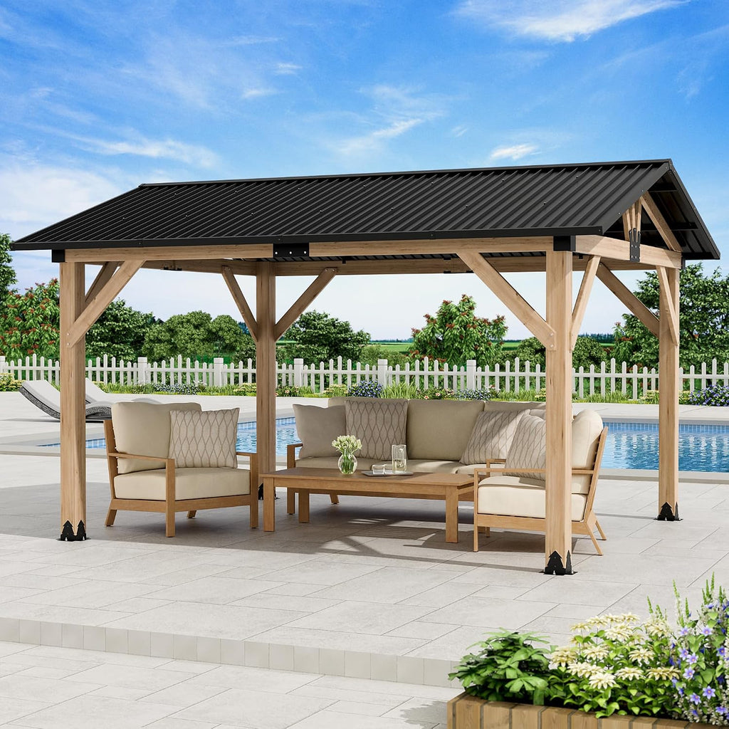 LVUYOYO 11' x 13' Wood Gazebo, Outdoor Hardtop Gazebo, Galvanized Steel Gable Roof Pergola, Outdoor Pavilion for Patio, Backyard, Garden, Deck