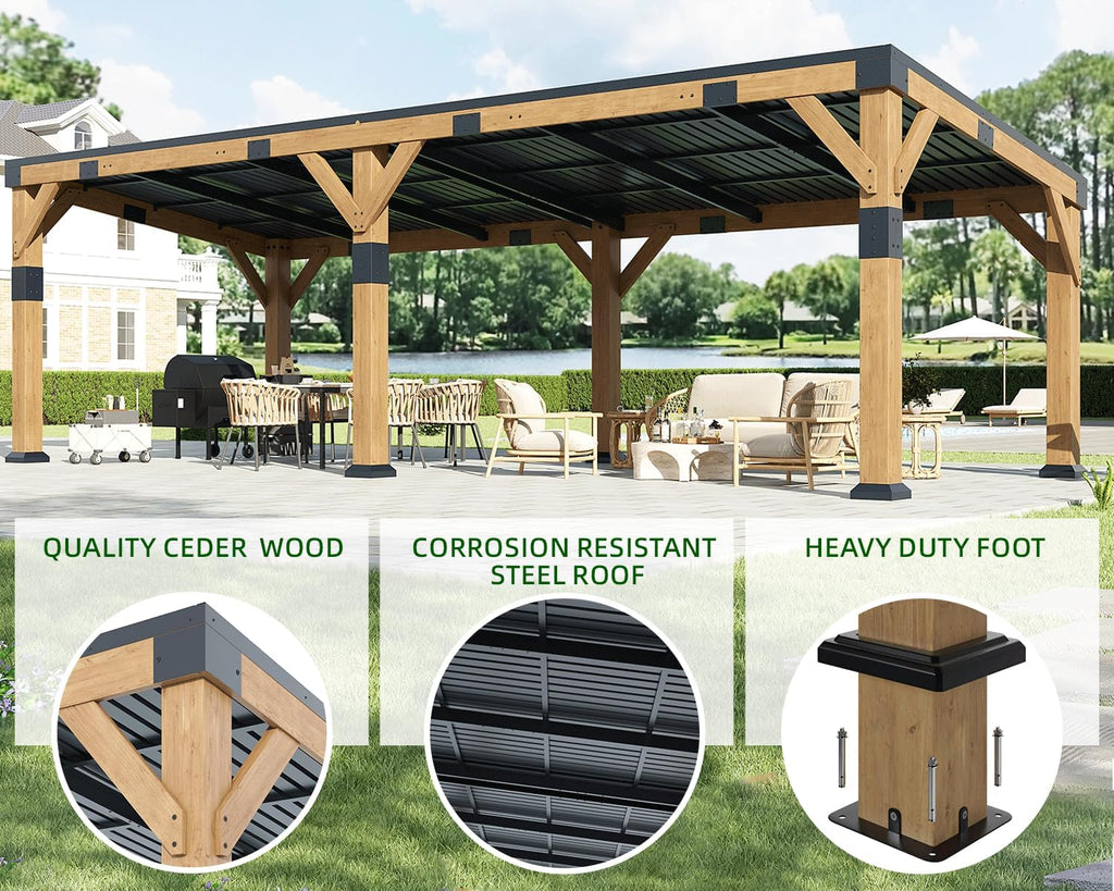 10x22 ft Cedar Wood Gazebo with Hardtop Slope Roof, Large Outdoor Grill Canopy with Galvanized Steel Roof, Heavy Duty Pavilion for Garden, Patio, Backyard