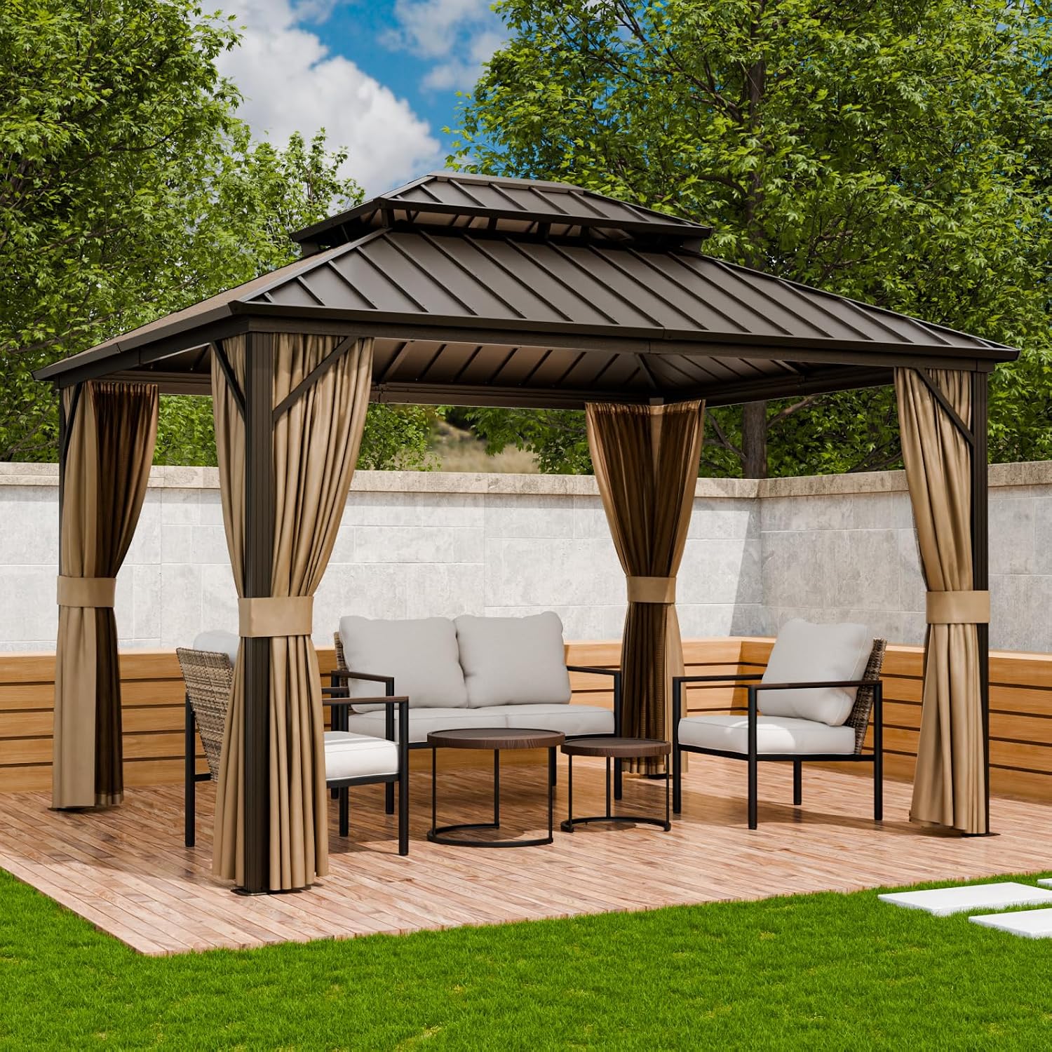 COOS BAY 12x10 Hardtop Gazebo with Aluminum Frame, Galvanized Steel Roof with UV Protection for Patio, Backyard, Garden, Outdoor Events, Dark Brown/Tan