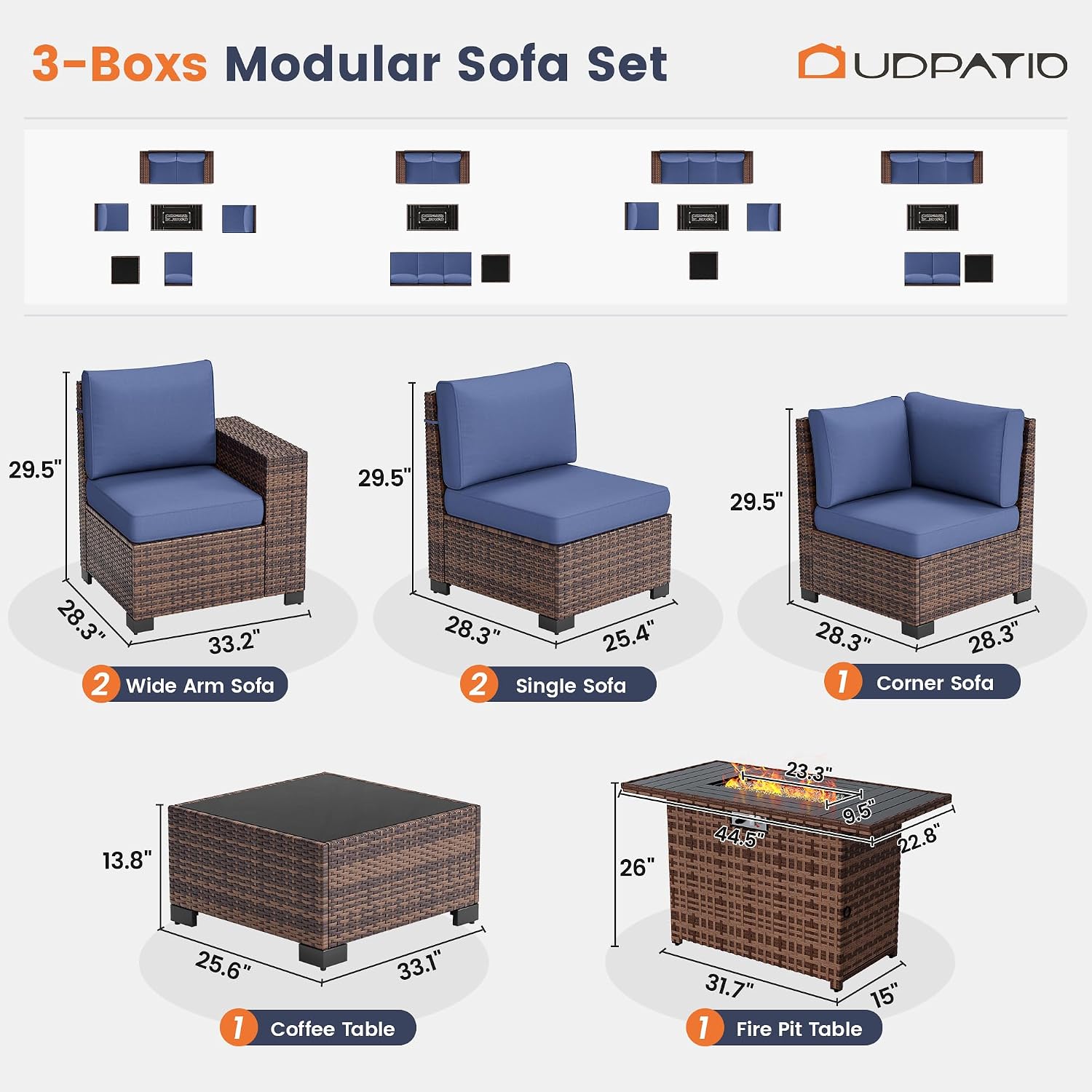 UDPATIO Furniture Set with Fire Pit Table, 8 Inch Wide Armrest 7 Piece Sectional Sofas, All-Weather Wicker Conversation for Garden, Backyard, Blue