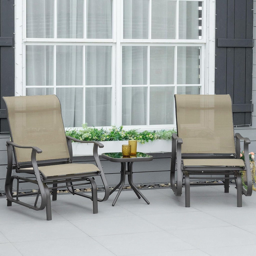 Outsunny 3-Piece Outdoor Gliders Set, Bistro Table and Chairs with Steel Frame, Tempered Glass Top Table for Patio, Garden, Backyard, Lawn, Gray