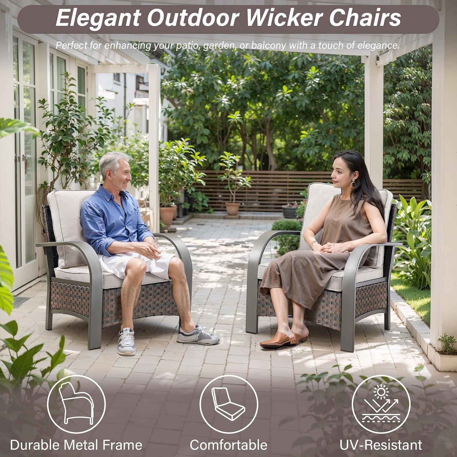 Belord Wicker Patio Chairs Set of 2-300LBS Weight Capacity Oversize Outdoor Patio Chairs with High Backrest Metal Curved Armrest, All Weather PE Rattan Outdoor Seating for Porch Deck Backyard