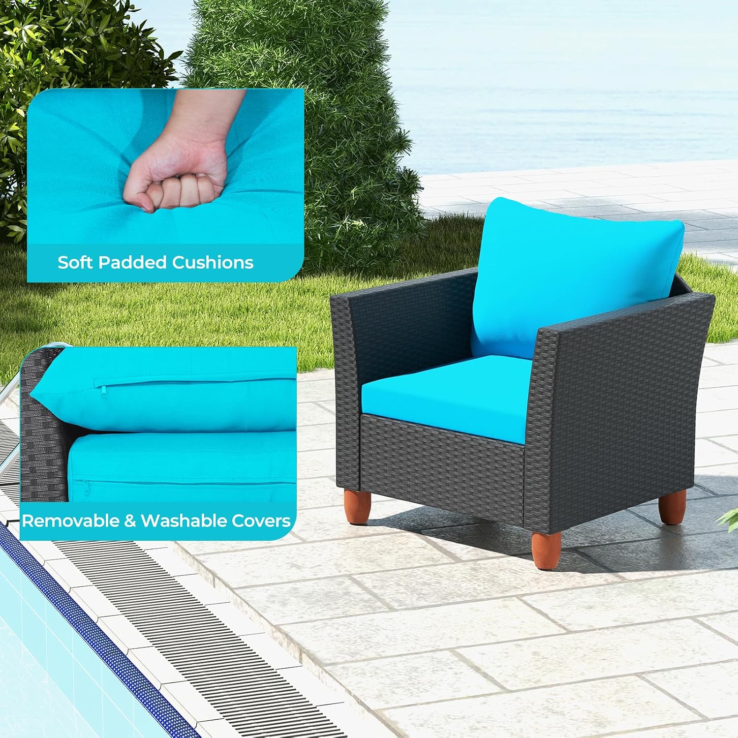 ORALNER 3 Pieces Patio Furniture Set, Outdoor Wicker Conversation Chairs with Cushion, Acacia Coffee Table, Rattan Bistro Set for Balcony Garden Backyard Front Porch Poolside (Turquoise)