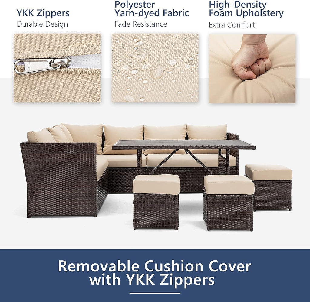 U-MAX 7 Pieces Patio Furniture Set with Waterproof Cover, Outdoor Sectional Sofa Conversation Set, All Weather Wicker Rattan Dining Table & Chair with Ottoman, Brown Rattan&Khaki Cushion