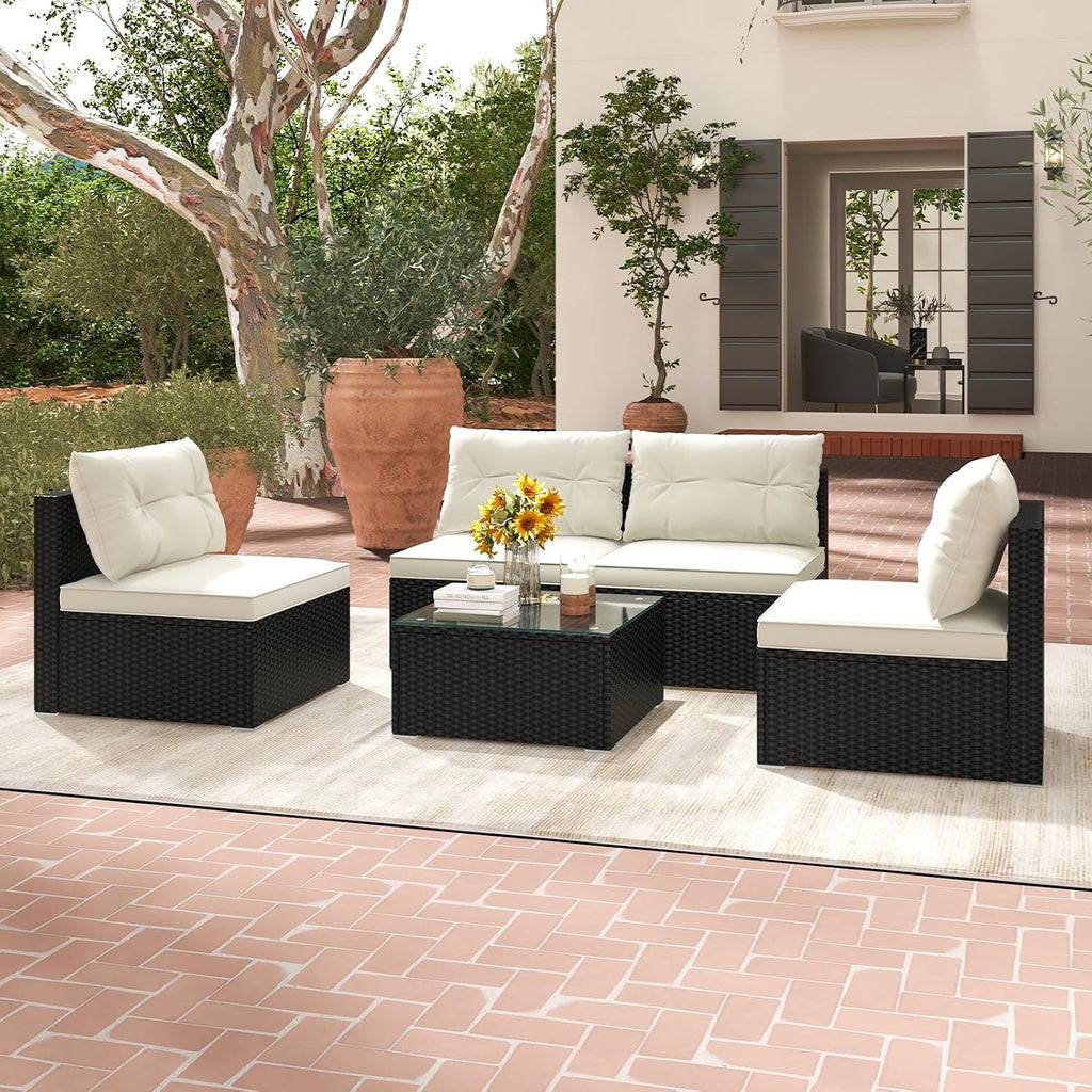 RELAX4LIFE 5-Piece Outdoor Patio Furniture Set, Rattan Sectional Sofa Set w/Glass-Top Coffee Table, Soft Seat & Back Cushions, Bistro Set for Garden Backyard Porch, Wicker Conversation Set (Off White)