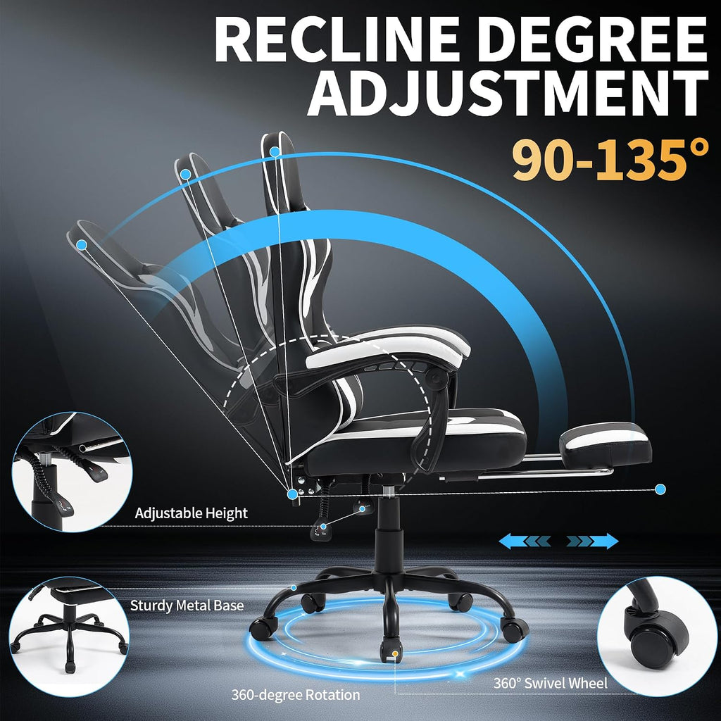 Gaming Chair with Footrest for Adults - Ergonomic Gaming Chairs with Foot Rest - Big and Tall Computer Game Chair - PU Leather Reclining Video Game Chairs with Spring Cushion - Black/White