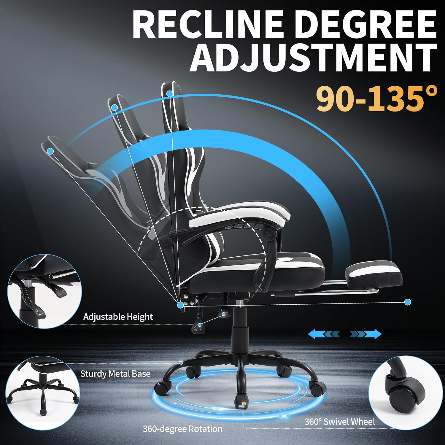 Gaming Chair with Footrest for Adults - Ergonomic Gaming Chairs with Foot Rest - Big and Tall Computer Game Chair - PU Leather Reclining Video Game Chairs with Spring Cushion - Black/White