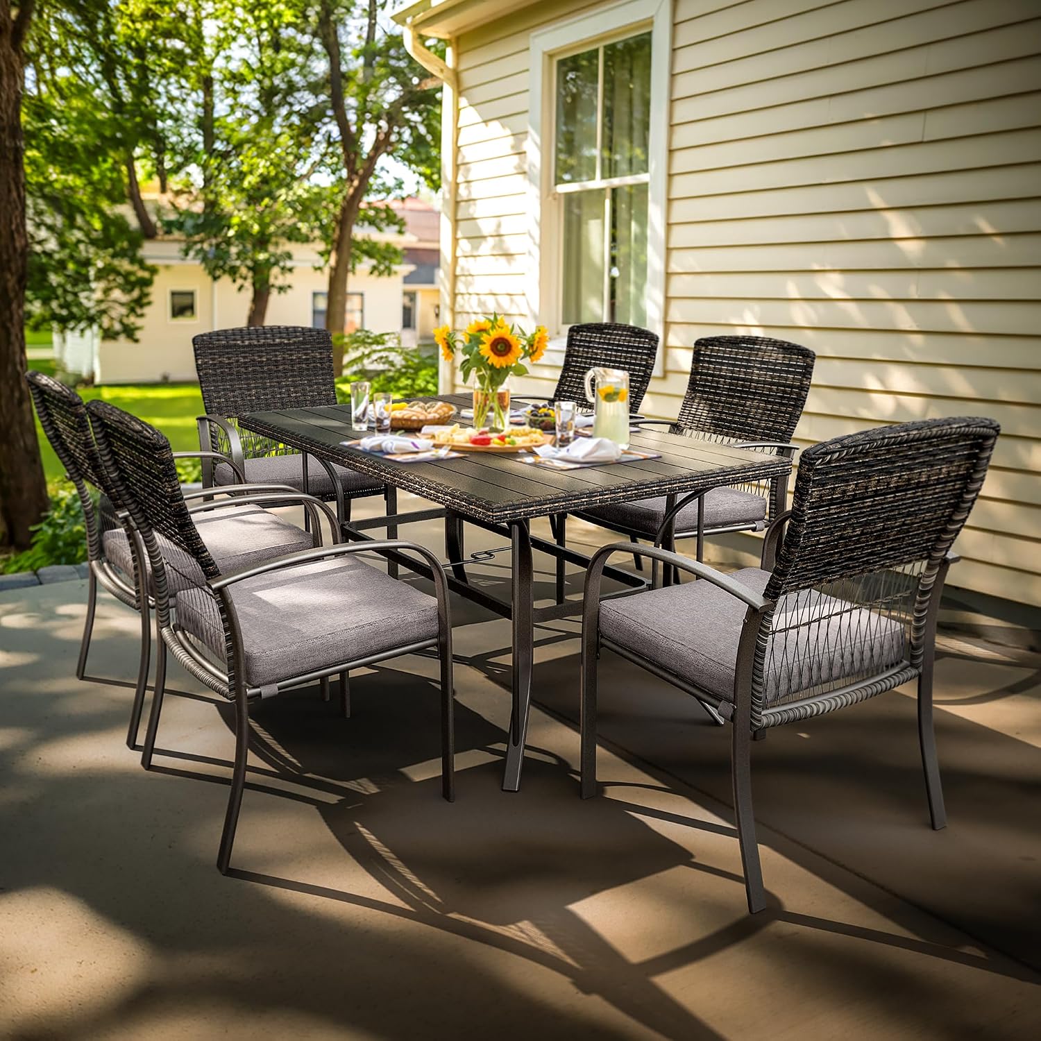 Pamapic 7-Piece Outdoor Dining Set, Grey Wicker Patio Furniture with Removable Cushions & Iron Slat Table, All-Weather Garden/Deck/Backyard Furniture Set (Grey)