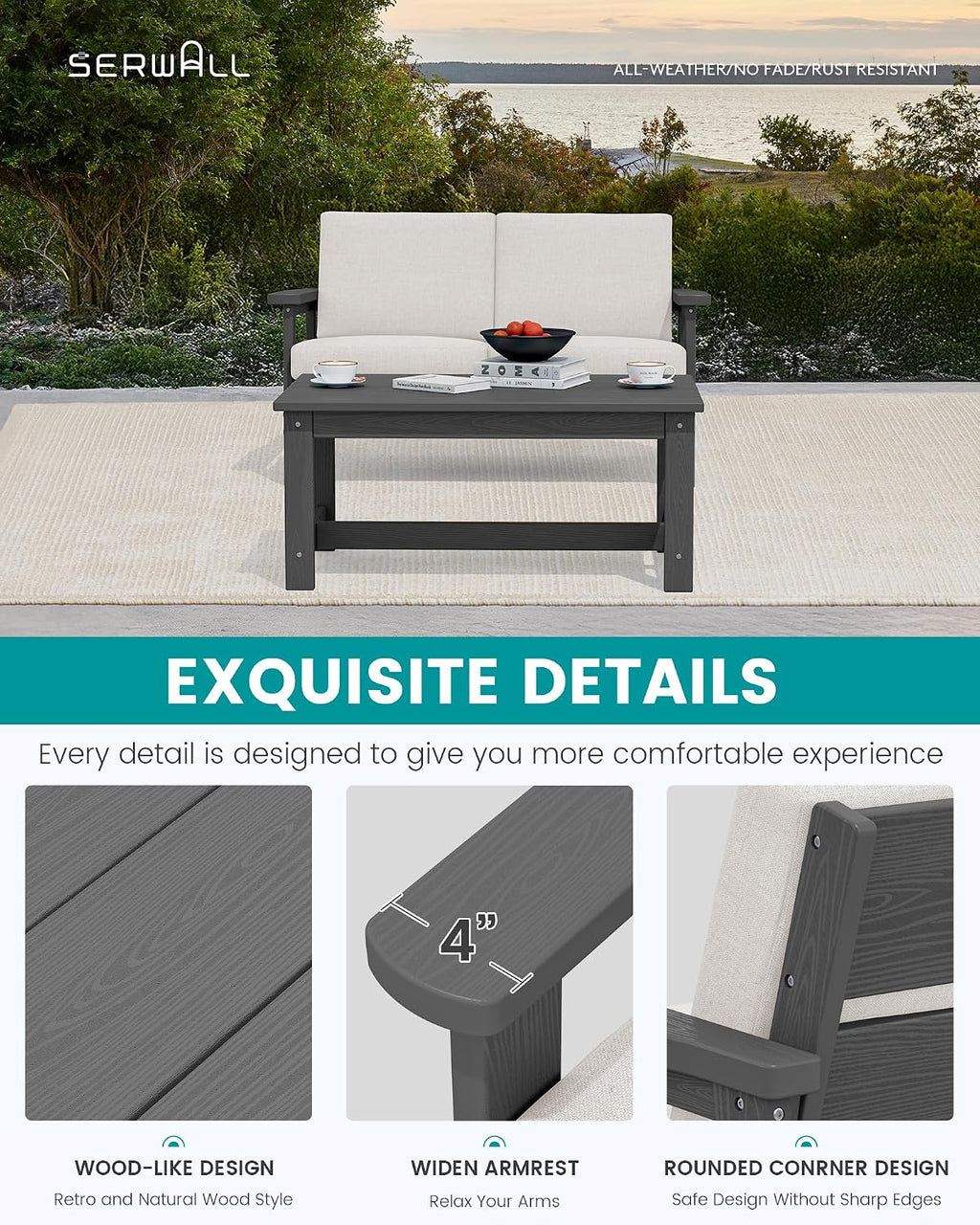 SERWALL HDPE Outdoor Patio Loveseat, All Weather Wood-Like Outdoor Sofa HDPE Outdoor Furniture, Grey Frame and Khaki Cushion