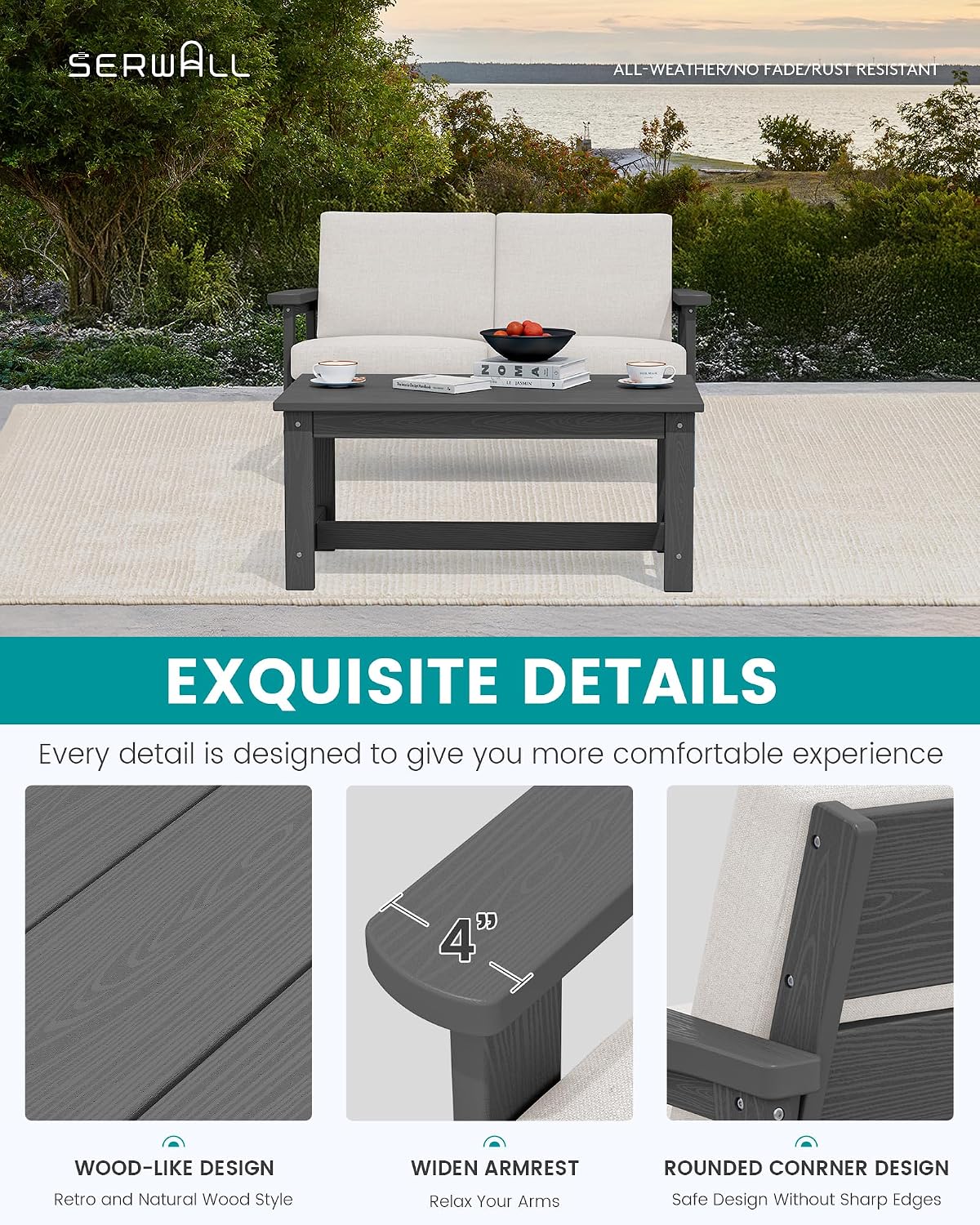SERWALL HDPE Outdoor Patio Loveseat, All Weather Wood-Like Outdoor Sofa HDPE Outdoor Furniture, Grey Frame and Khaki Cushion