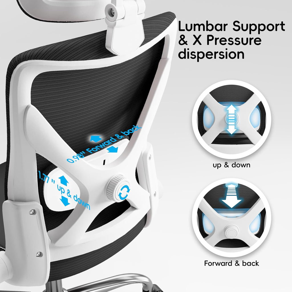 Ergalithic Office Home Ergonomic Desk Chair-Computer X-Shaped Chair Mesh PU Leather with Adjustable Lumbar Support-Executive Chair High Back with Headrest Flip-Up Arms for Long Hours (Light Black)